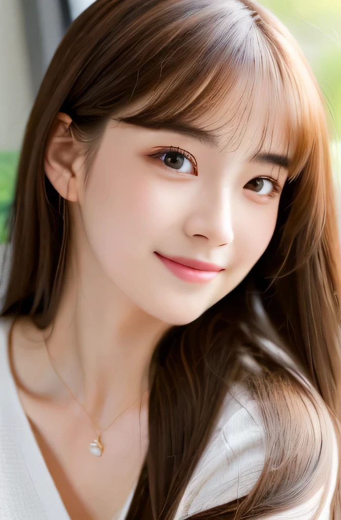 (((8ｋ,Attention to detail,Attention to detail、highest quality，masterpiece,Attention to detail,))),RAW Photos & Realistic atmosphere,Beautiful dark eyes,Mouth Details,Glossy Lips,Thin eyebrows,beautiful Eyes、Soft white skin that shines in every detail、Her deep black eyes are very beautiful, Very beautiful face,Very beautiful face、A vivid face,beautiful, Glowing Lips,beautiful Eyebrows,Infinite Reality, Realistic Young Gravure Idol,Very cute woman , Young Gravure Idol, Young Gravure Idol, とても美しくてかわいいbeautiful 21 year old beauty,Incredibly beautiful and elegant，beautiful 21 year old beauty,Natural soft light,A little brown hair，（Shiny Hair,,beautiful and kind eyes：1.5）,A kind smile,Shapely breasts,Medium Long Hair,beautiful posture,No makeup,Watching the Future,
