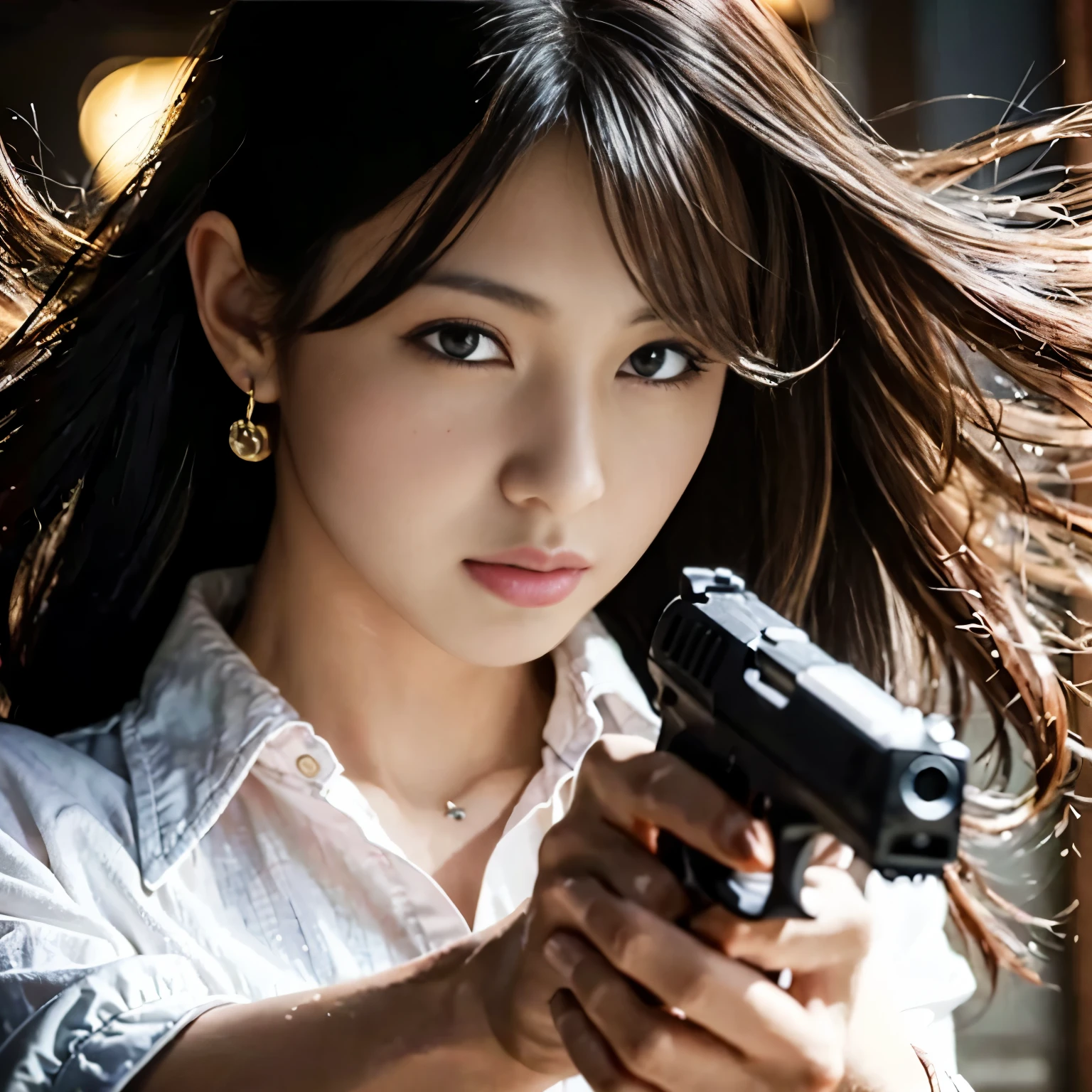 (Very detailed, Realistic photos, Realistic skin texture), 8k, A beautiful Japanese woman living in America looks back with a sawed-off shotgun on her hip, He is wearing a dirty and torn beige trench coat., navy yankees baseball cap, Dirty high-top Nike sneakers, An alley littered with bricks and rubble, It rains and clothes get wet, In an attractive and action-packed pose, And a cool configuration.