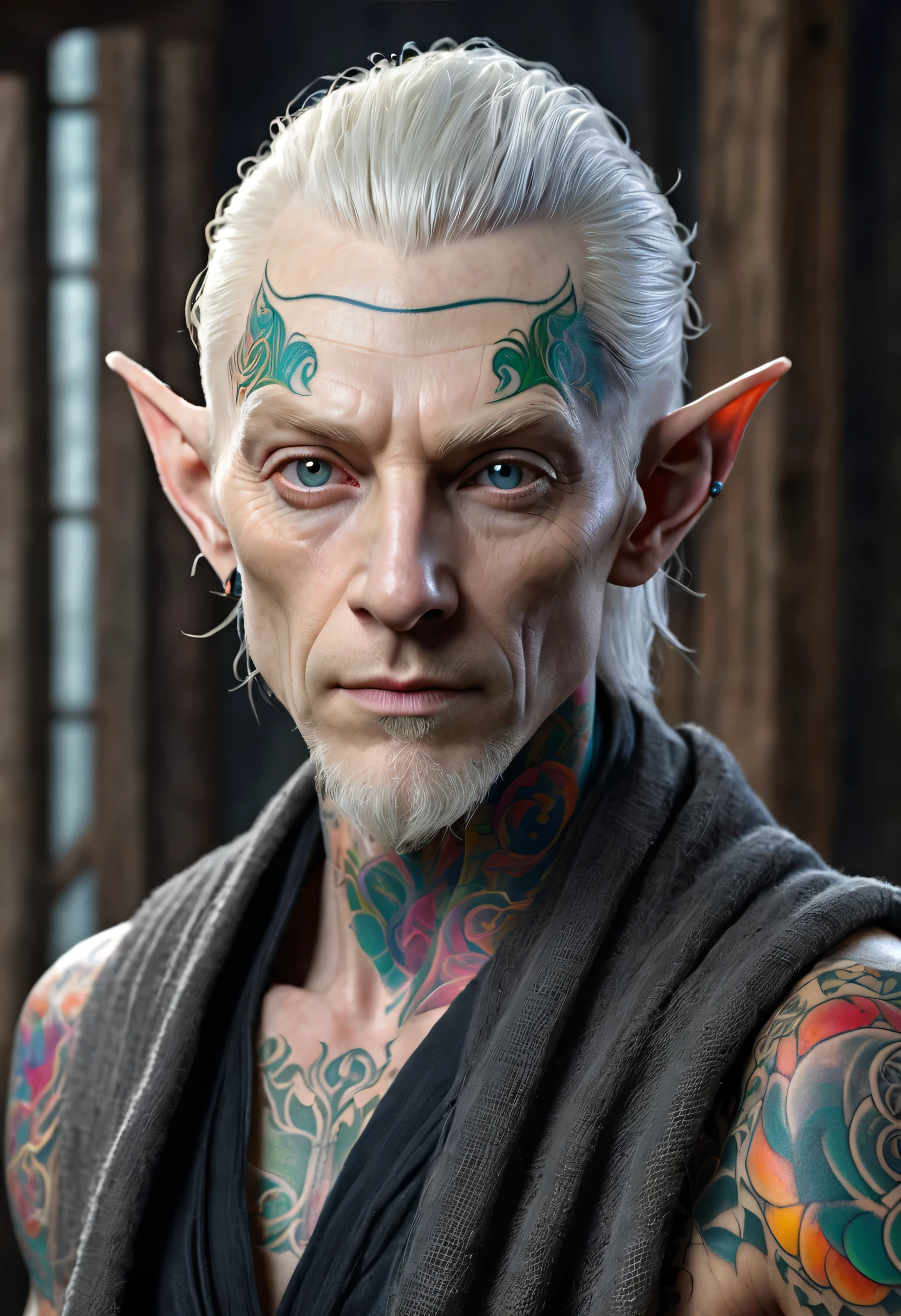 Male wood elf, elven, horror, (Artstation:1.1), (great eye detail:0.7), solo, masculine, skinny, looking at viewer, photorealistic, 8k, highly detailed, ((50 years old, ashen albino skin, gray hair, gray eyes, (upset, sad, rough black burlap robe, (((colorful tattoo:1.6)))), inspired Bram Stoker))