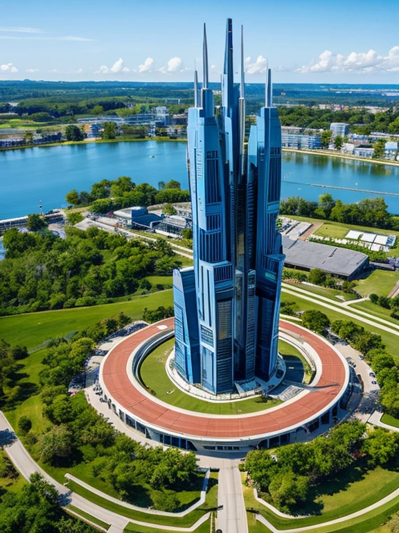 Gigantic futuristic monument that represents the military victory of an intergalactic civilization, super detailed, in an urban environment, super decorated