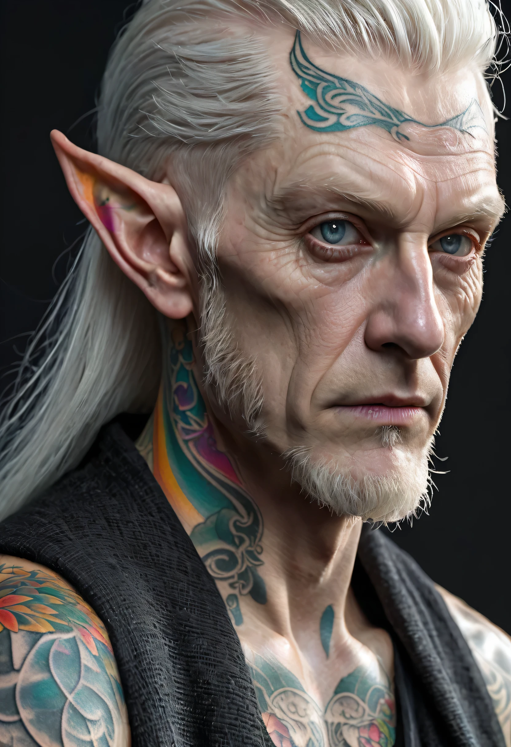 Male wood elf, elven, horror, (Artstation:1.1), (great eye detail:0.7), solo, masculine, skinny, looking at viewer, photorealistic, 8k, highly detailed, ((50 years old, ashen albino skin, gray hair, gray eyes, (upset, sad, rough black burlap robe, (((colorful tattoo:1.6)))), inspired Bram Stoker))