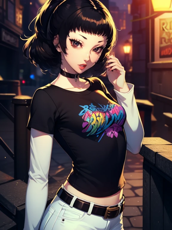 Rise Kujikawa (Persona) ,glossy lips , 1girl, solo, standing, black t-shirt, white shirt, jeans, belt, lipstick,