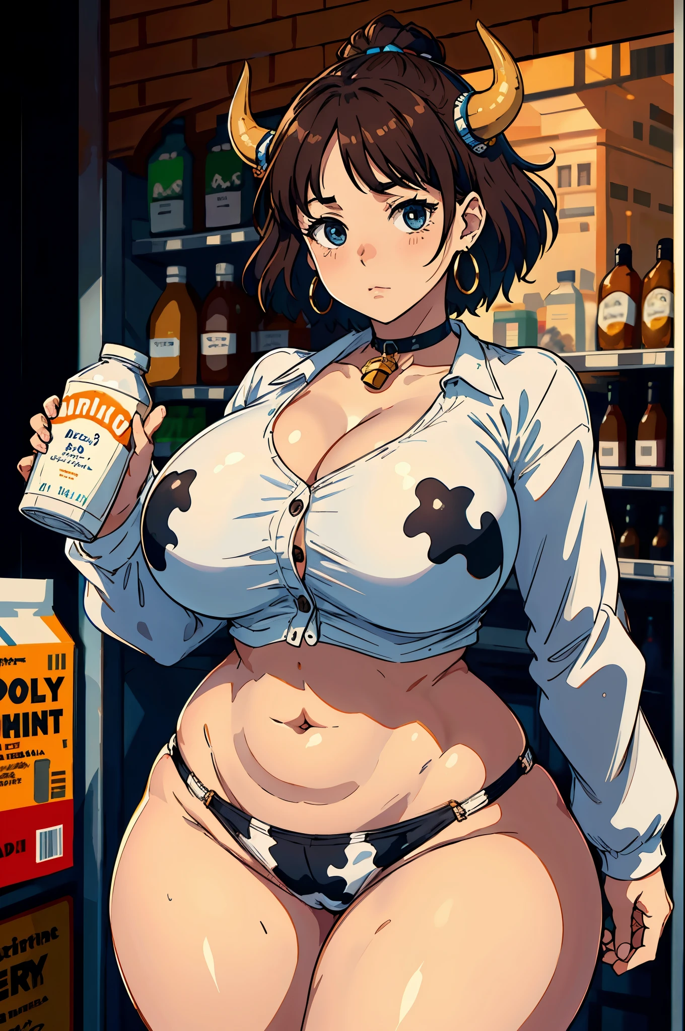 Hucow girl holding a big milk carton, masterpiece, candid photo, shy, short brown hair, big eyes, (detailed face), curvy, gigantic enormous breasts, two symmetrical horns, white (tight shirt), crop top, cute open (cow pattern) jacket, choker with bell, (in a colorful supermarket), mature female, thick thighs, earrings, high detail, ultra-detailed, retro, [big lipaster piece, best quality, face portrait