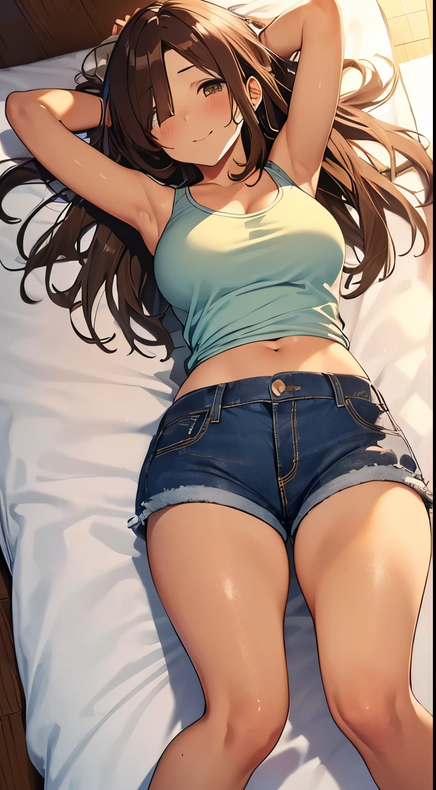 highest quality、 bra、Beige shorts、Cute appearance、Stretch your legs in the room、Armpit sweat、Grass、Ecstasy face,(Attractive person), (girl1name), (Highly detailed face, smile) ,, (Japanese girl), Slightly round face, (Tan brown face:1.6), cute, Big eyes、2D,highest quality,(masterpiece),(((whole bodyが映る))),(((whole body))),(bobbed hair from Wolf Bob:1.6),(hair over one eye:1.3),((Chestnut brown hair)),Healthy brown skin,((Denim hot pants)),Leather Belt,Pink Tank Top,Shining bare feet,barefoot,Beautiful brown eyes,Attractive thighs,Sloppy body type,Bedroom,get drunk,Upward glance,cheeks are bright red,Cute,Sleeping face like an angel,Erotic look,whole bodyに汗の大きな滴,humid,Waistline、My Room、(Sleeping on your stomach:1.1),(Angle shot from directly above:1.2),Poses that accentuate the buttocks,Angle to emphasize the buttocks,Sole