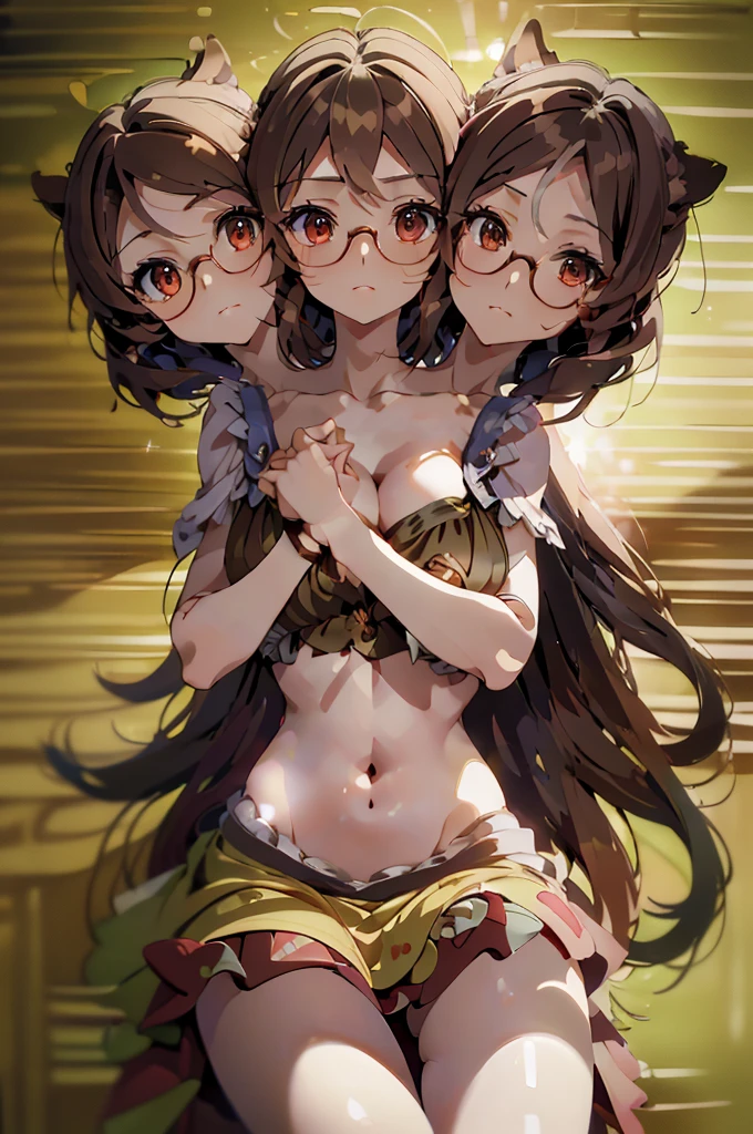 (masterpiece, best quality), best quality, best resolution, (ultra-detailed), (3heads:1.5), 1girl, (mamizou futatsuiwa:1.3), masterpiece, top best quality, ultra quality, ultra resolution, ecru top, crop top, ((stomach)), midriff, ((groin)), red-grey skirt, miniskirt, normal ears, shackles, light brown hair, very long hair, wavy hair, sidelocks, brown eyes, parted lips, sweat, cute, toned belly, hand on own chest, eyelashes, (26 year old woman:1.3), (masterpiece:1.5), (best quality:1.5), (beautiful detailed), extremely detailed CG, extremely delicate and beautiful, depth of field, (finely detailed face), (perfect details:1.2), (mature female:1.3), wide pelvis, slender, large veiny breast, 16k resolution, very high quality, very high definition, extremely detailed, masterpiece, light brown hair, long hair, alluring presence, twin braid, short skirt, close up, big tits, young, shoulder-length hair, tanuki ears, giant striped tail, glasses,
