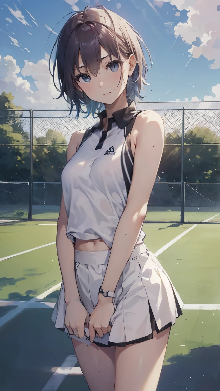 ((Sweatで濡れたユニフォーム、Small nipples showing through clothes))、Official Art, unity 8k wallpaper, Very detailed, masterpiece, highest quality, 1 female, (Very detailed),(RAW Photos、highest quality)、(Realistic、Photorealistic:1.3)、Attention to detail、顔のVery detailed複雑な 3D レンダリング、(Very detailed肌:1.2)、Dynamic Angle, Fire glow effect, Professional Lighting, Side light, Cinematic Light, 超A high resolution, 8k , Film Grain,Best Shadow, Particles of light, Fine skin, Detailed face, Intricate details, Very detailed, Shine, please remember、whole body, Tennis court、Beautiful Face、Blurred Background、18 year old beautiful girl、Shiny skin、thin、Nice body、Delicate body、Thin legs、Narrow waist、Tennis uniform、White panties、Sweat、Daytime、