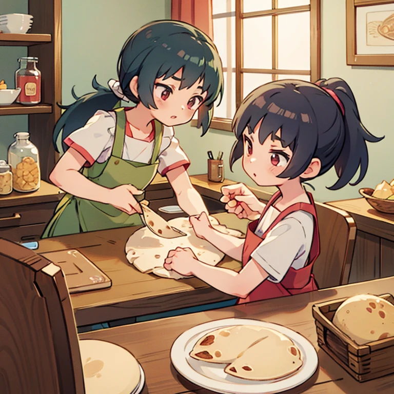 Girls kneading tortillas in an apartment　Apron and ponytail　Mince is on the table