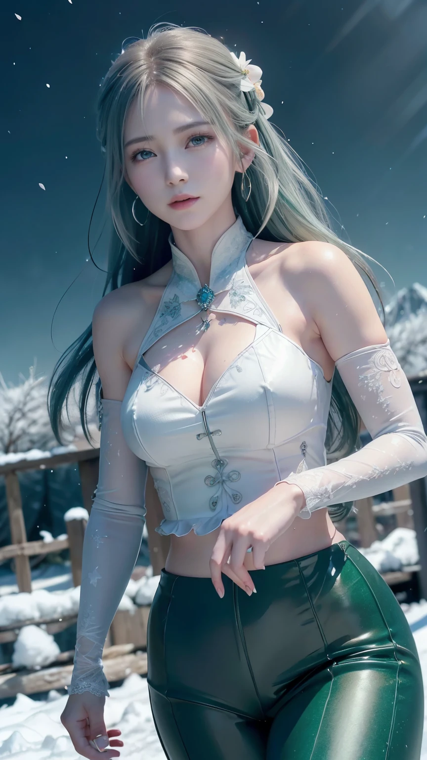 (logo、masterpiece、8k、table top、RAW photo、wonderful、最high quality、フォトリアルでvery detailedなCG統合8k壁紙、high quality、very detailed、Narrative poem、particle effects、dynamic effects、Depth of text realm、movie light、Lens flare、ray tracing)、fantasy、(1 beauty、light blue hair、beautiful face、real face、detailed eyes、beautiful skin、dancing woman:1.7、優雅にdancing woman:1.7)、Windになびく髪、hair bounces、髪がWindになびく、hair jump、halter neck、leather pants、leather jacket、silver earrings、night、Wind、darkness、雪とhoarfrost、frigid winter day、snow-capped mountains and forests、hoarfrost、snow-capped mountain々、The beauty and brilliance of frost-covered trees、Grassland of serenity and beauty in the ice and snow world、vast land、Lakeside、wonderful景色、美しい自然のWindの景色、night空、Wind、cherry blossoms、cherry blossomsの花びらが舞っある、cherry blossoms吹雪、falling petals