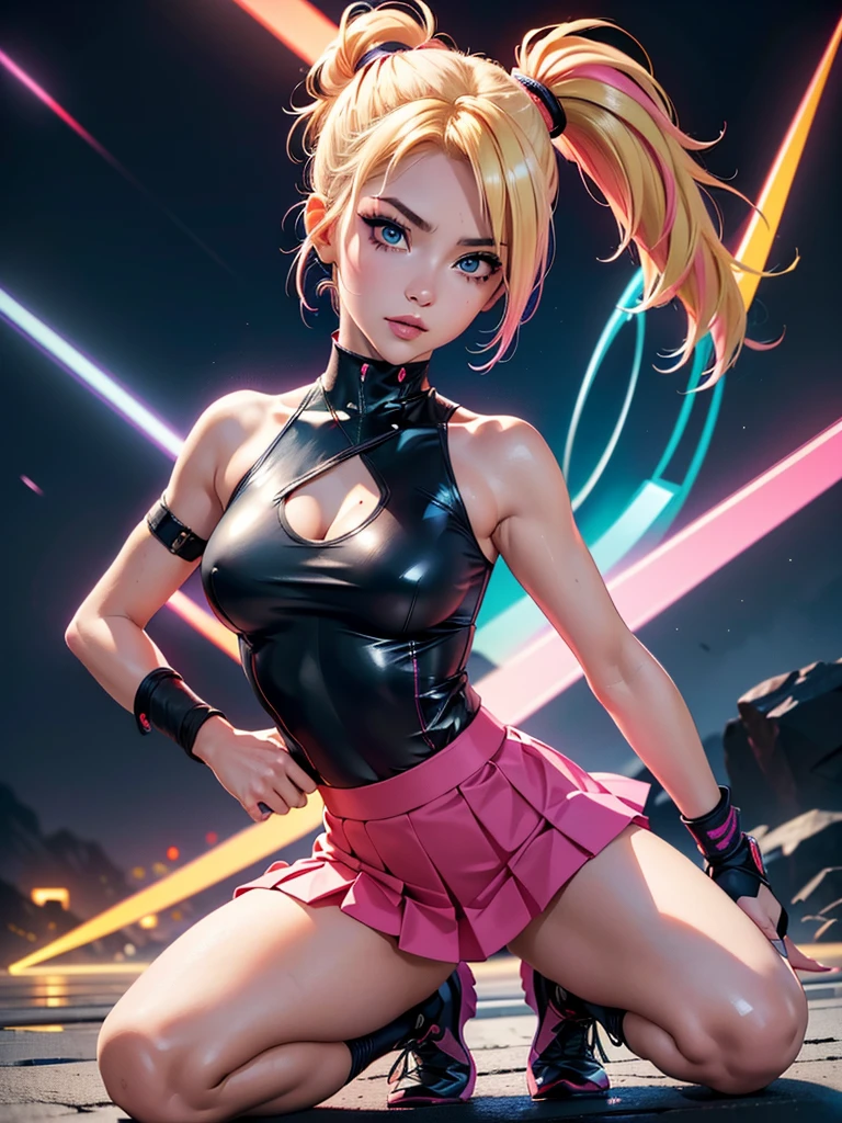 8k, ((Full Body Portrait)) ,masterpiece、Realistic:1.2, Realistic, Ultra-high resolution, ultra-quality, ultra-detailed, ultra-realistic, highest quality, (Solo, 1girl), (Masterpiece, Detailed, 4k), perfect face, perfect lips, perfect makeup, dark eyeshadow, Unreal Engine 5, (Full Body Portrait), absurd resolution, high resolution, sharp image, vibrant colors, Synthwave colors, Vaporwave colors, ((sexy Female Ninja)) with ((blonde hair, two ponytails in hair)), (pleated skirt), neon lights, night sky, neon city, katana, shuriken, kunai leg straps, sexy, beautiful