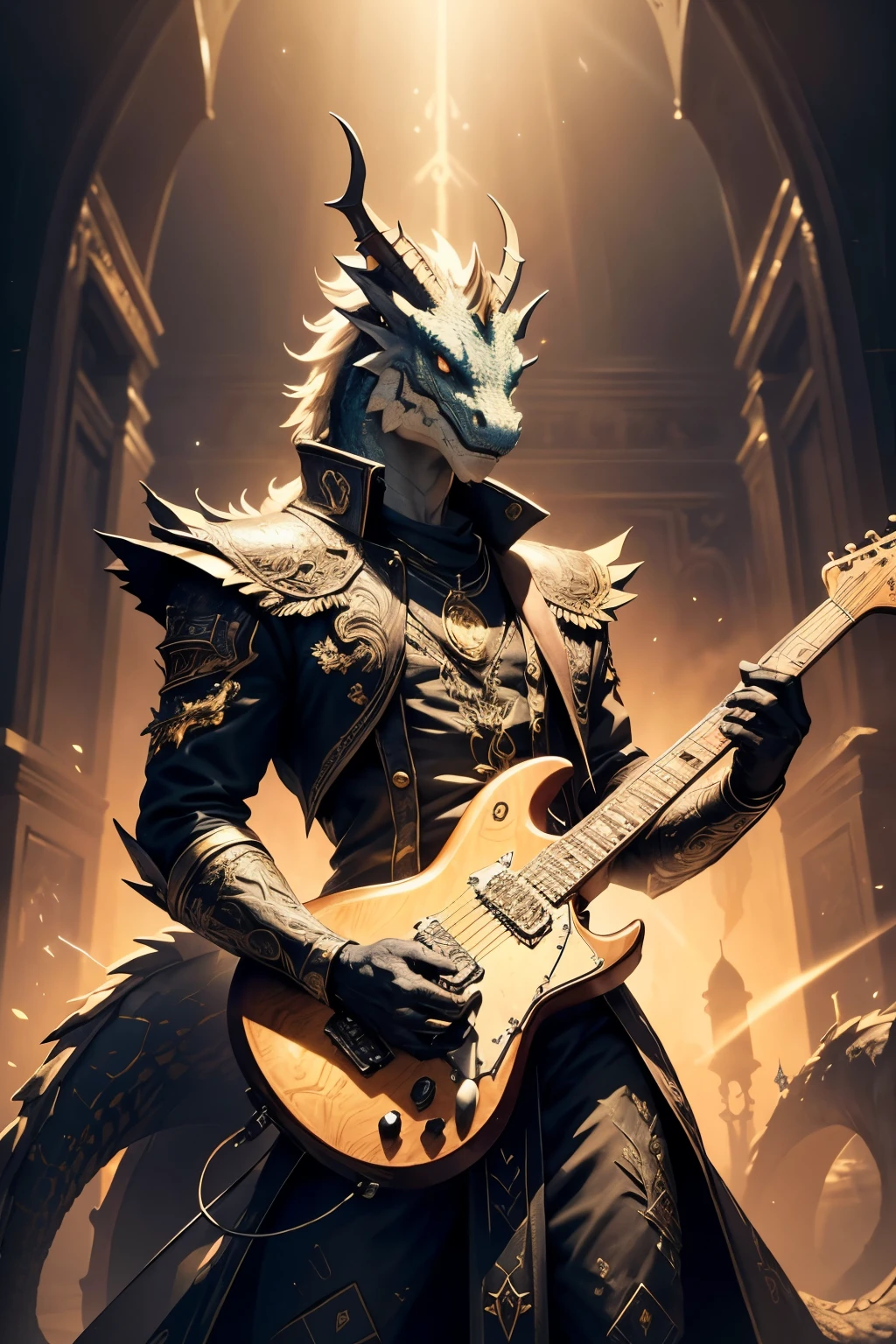 ((Best quality)), ((masterpiece)), ((realistic cartoon)), ((perfect character)):
Dragon head Rockstar with holding an electric guitar,In this stunning and highly detailed realistic cartoon, we present a Rockstar with a dragon head. The Dragonoid Rockstar stands tall with, clad in intricate garment, complete with flowing garments and ornate patterns. His face is high tower shield, adding to his angelic and stunning appearance.
The Product Owner channels the power of light, conjuring dazzling rays and holy energies. The scene is set in a thematically rich environment, filled with magical vibes, and mystical symbols that enhance the ambiance. The lighting, crafted with a cinematic touch, casts a spellbinding glow, emphasizing the magical aura surrounding the Dragonoid Rockstar.
Every element of this masterpiece is carefully designed to create a sense of realism and immersion. The intricacies of the Dragonoid Rockstar clothing, the mesmerizing effects of his conjurations, and the level of detail in his weathered face all contribute to a captivating visual experience. This artwork is presented in stunning UHD resolution, allowing you to appreciate every nuance and intricacy in breathtaking detail.
Portrait,Eye level, scenic, masterpiece,mtg art,magic the gathering art.