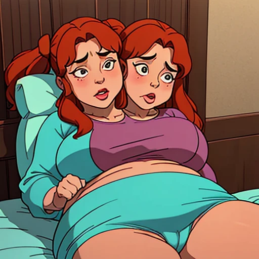 a comic page about a fully pajama wearing 24 year old extremely fat woman with ginger pigtails adjusting to her first night with her 40 year old gigantomastia mother with long gray hair as her second head on her immobile two headed body. She’s clearly uncomfortable with feeling her mother masturbate her now two headed 1200 pound morbidly obese body, using one hand to pleasure herself with her hand under the cover of the blanket as she watches a video on her phone. Her ashamed mother is telling her how much the two of them need this relief as she plunges her hand into herself. Her mother is clearly ashamed of herself for needing to touch herself so badly. she’s looking deep into her daughter’s eyes as they share their first earth shattering orgasm since mutating into a freakish two headed conjoined mother and daughter and repressing her urges. Her conjoined daughter has clearly never orgasmed before and is embarrassed about her mother touching their shared body as she looks away from her second head in shame as she orgasms into her hand involuntarily.