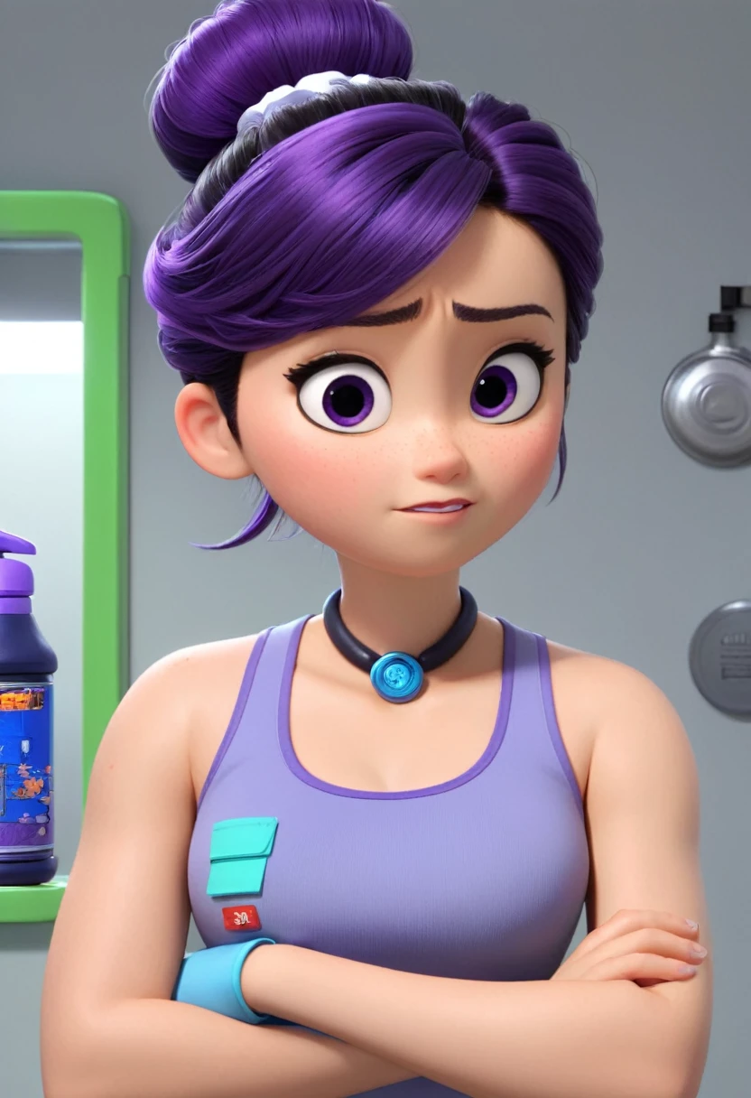 Une Japonaise de 14 ans, cheveux violet chignon en hauteur, collier bleu, Grey tank top, medicine badge top left, terrified, stuck to the wall arms spread with super strong black glue in faulty lab trying to break free, style 3d pixar, (best quality, 4k, 8k, High resolution, chef-d&#39;artwork:1.2), Ultra-detailed, (Realistic, photoRealistic, photo-Realistic:1.37), portraits, Des couleurs vives, studio lighting