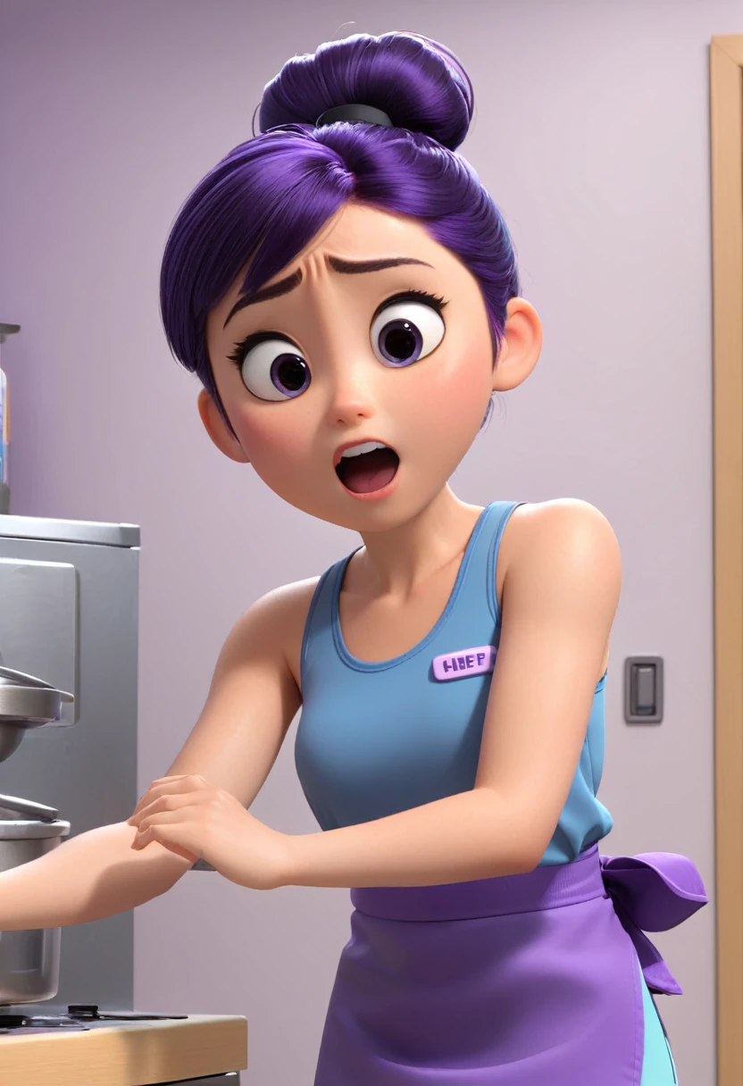 Une Japonaise de ******, cheveux violet chignon en hauteur, collier bleu, Grey tank top, medicine badge top left, terrified, stuck to the wall arms spread with super strong black glue in faulty lab trying to break free, style 3d pixar, (best quality, 4k, 8k, High resolution, chef-d&#39;artwork:1.2), Ultra-detailed, (Realistic, photoRealistic, photo-Realistic:1.37), portraits, Des couleurs vives, studio lighting