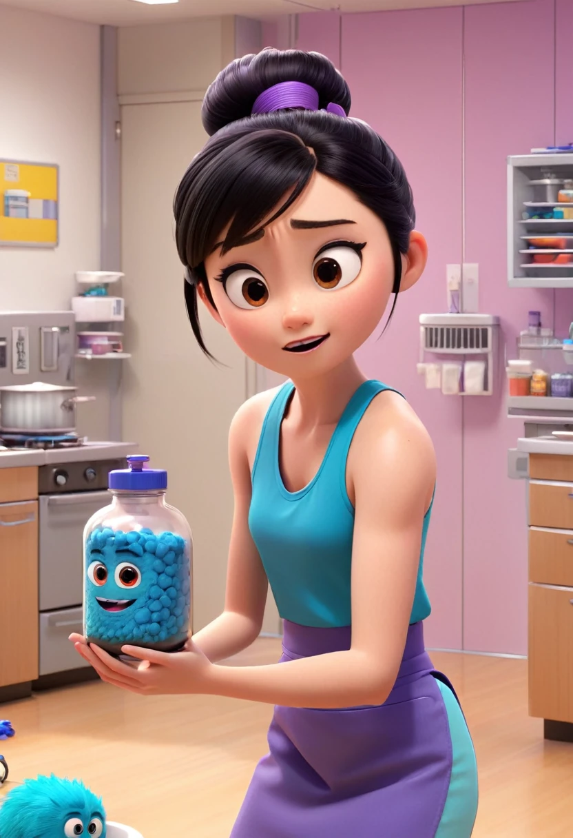 Une Japonaise de , cheveux violet chignon en hauteur, collier bleu, Grey tank top, medicine badge top left, terrified, stuck to the wall arms spread with super strong black glue in faulty lab trying to break free, style 3d pixar, (best quality, 4k, 8k, High resolution, chef-d'artwork:1.2), Ultra-detailed, (Realistic, photoRealistic, photo-Realistic:1.37), portraits, Des couleurs vives, studio lighting