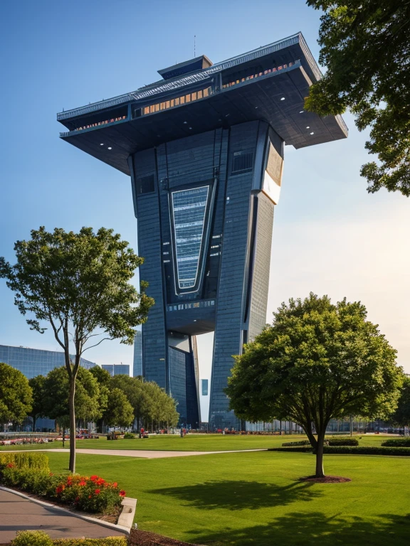 Gigantic futuristic monument that represents the military victory of an intergalactic civilization, super detailed, in an urban environment, super decorated