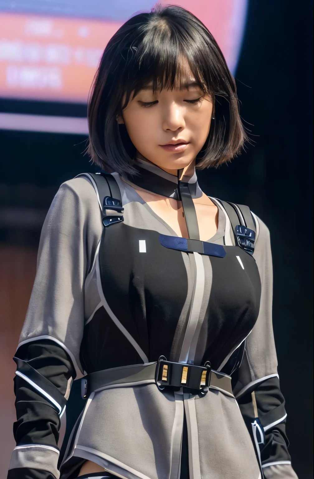 High resolution、Photorealistic、Hyperrealism、Slender body、Realistic、Beautiful Japanese Women、Black-haired、Medium Bob Hair、bangs、Detailed face、Detailed lips、Beautiful Eyes、Glowing Skin、one person、Ideal beauty、30 years old、(Big Breasts)、(The backdrop seen by the audience on stage at the show)、((((Stand upright on stage, Look down, Face down、Close ~ eyes, sleep, Unconscious、Clothing)))), (((((Black racing suit、I like police uniforms, Black and grey mech, Wearing a military harness, Has a submachine gun))))), ((Cowboy Shot, From below))