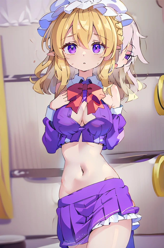 (masterpiece, best quality),best quality, (ultra-detailed), (3heads:1.5), 1girl, (maribel hearn:1.3), masterpiece, best quality, ultra quality, ultra resolution, ultra detail, purple top, crop top, ((stomach)), midriff, ((groin)), purple skirt, frilled skirt, miniskirt, normal ears, shackles, blonde hair, very long hair, wavy hair, sidelocks, purple eyes, parted lips, single horn, sweat, cute, toned belly, hand on own chest, eyelashes, (24 year old woman:1.3), (masterpiece:1.5), (best quality:1.5), (beautiful detailed extremely detailed CG, extremely delicate and beautiful, depth of field, (finely detailed face), (perfect details:1.3), (mature female:1.3), wide pelvis, slender, large veiny breast, 16k resolution, highres, high quality, high definition, extremely detailed, masterpiece, best quality, blonde hair, long hair, alluring presence, twin braid, short skirt, close up, big , young, mob cap, white headwear, red bow on hat, skirt hold, hair between the eyes, nsfw, open belly, midriff, cowboy shot, looking at viewer,