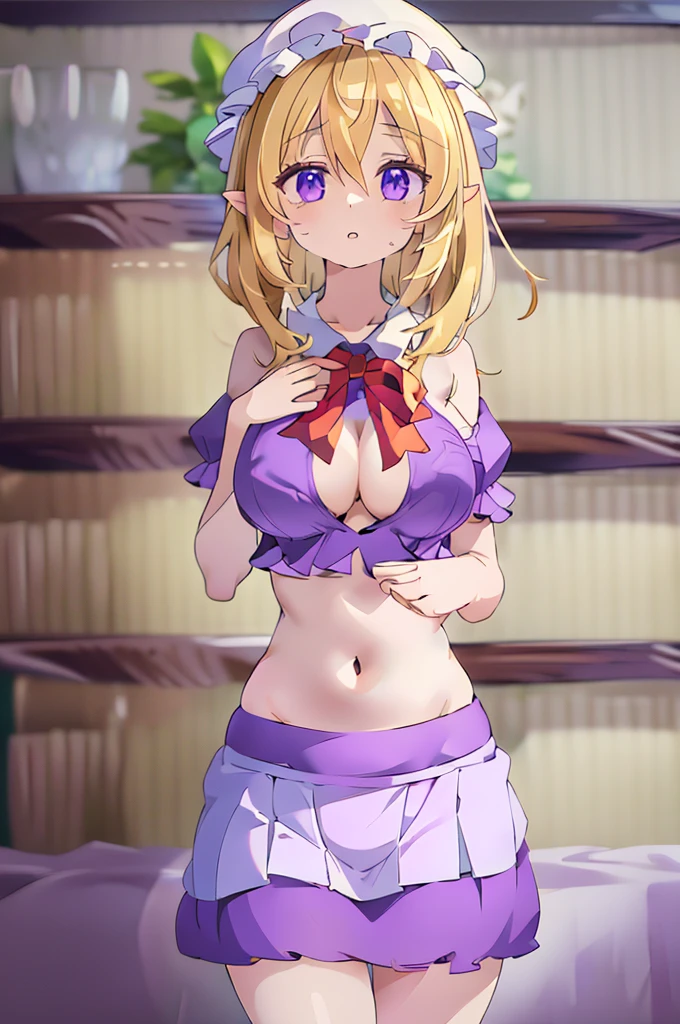 (masterpiece, best quality),best quality, (ultra-detailed), (3heads:1.5), 1girl, (maribel hearn:1.3), masterpiece, best quality, ultra quality, ultra resolution, ultra detail, purple top, crop top, ((stomach)), midriff, ((groin)), purple skirt, frilled skirt, miniskirt, normal ears, shackles, blonde hair, very long hair, wavy hair, sidelocks, purple eyes, parted lips, single horn, sweat, cute, toned belly, hand on own chest, eyelashes, (24 year old woman:1.3), (masterpiece:1.5), (best quality:1.5), (beautiful detailed extremely detailed CG, extremely delicate and beautiful, depth of field, (finely detailed face), (perfect details:1.3), (mature female:1.3), wide pelvis, slender, large veiny breast, 16k resolution, highres, high quality, high definition, extremely detailed, masterpiece, best quality, blonde hair, long hair, alluring presence, twin braid, short skirt, close up, big , young, mob cap, white headwear, red bow on hat, skirt hold, hair between the eyes, nsfw, open belly, midriff, cowboy shot, looking at viewer,
