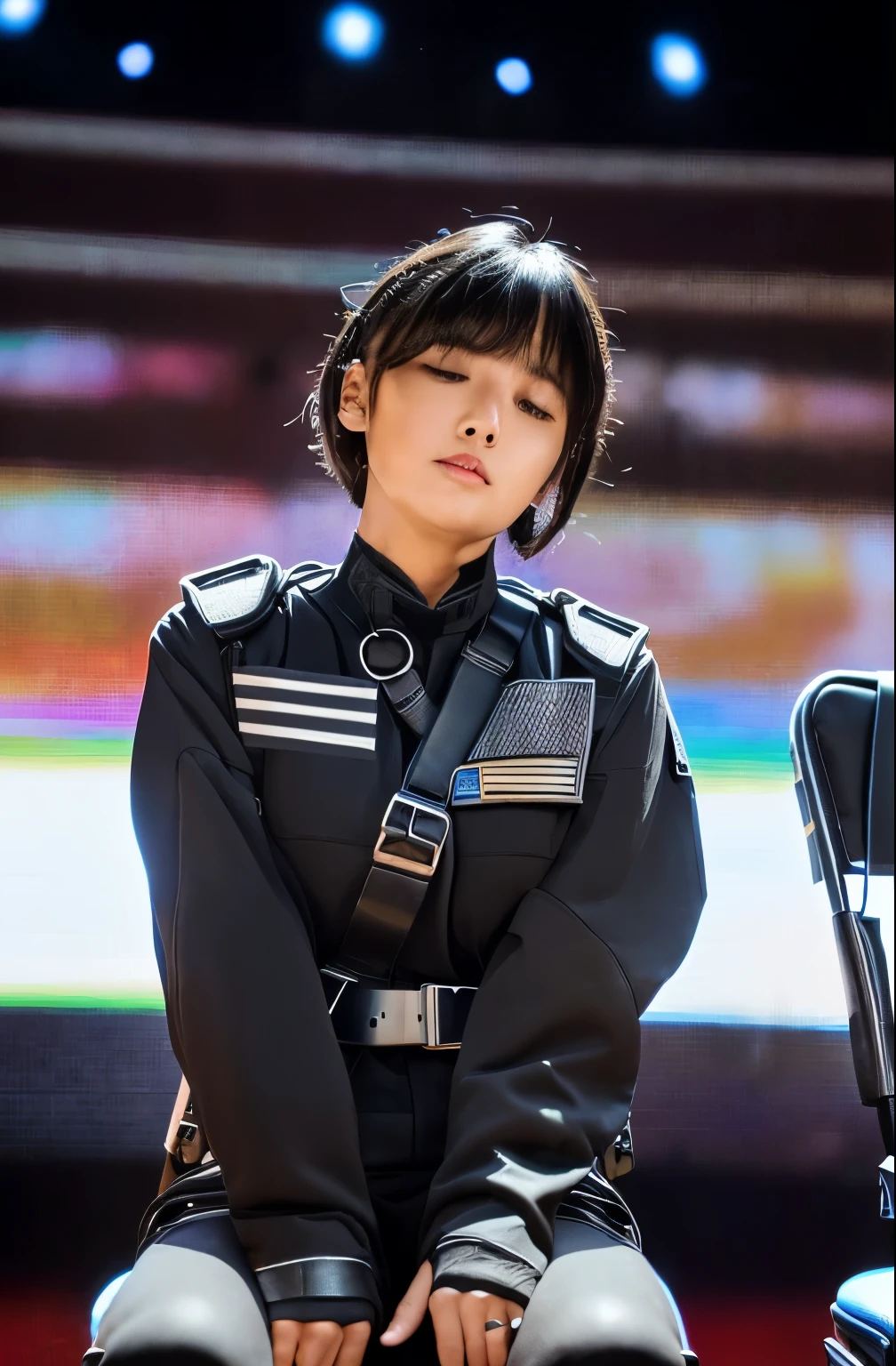 High resolution、Photorealistic、Hyperrealism、Slender body、Realistic、Beautiful Japanese Women、Black-haired、Medium Bob Hair、bangs、Detailed face、Detailed lips、Beautiful Eyes、Glowing Skin、one person、Ideal beauty、30 years old、(Big Breasts)、(The backdrop seen by the audience on stage at the show)、((((sit on a chair on stage, Look down, Face down、Close ~ eyes, sleep, Unconscious、Spread your legs、Clothing)))), (((((Black racing suit、I like police uniforms, Black and grey mech, Wearing a military harness, Has a submachine gun))))), ((Cowboy Shot, From below))
