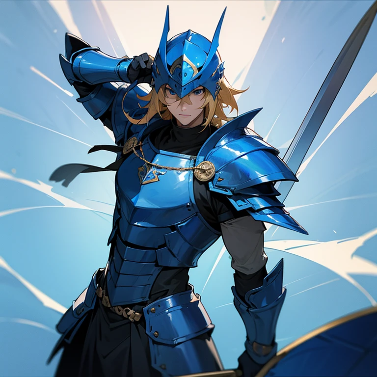 Make a male character with blond hair, wearing blue knight of the zodiac style armor with a blue swordfish as a helmet