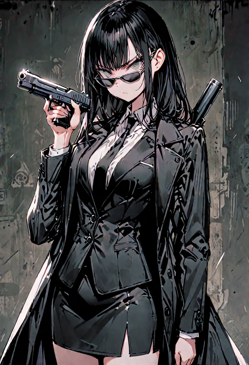 solo, female, long, straight black hair, grey eyes, tall, svelte, medium breasts, black business suit, pencil skirt, long business coat, serious, silenced pistol, sunglasses, pose