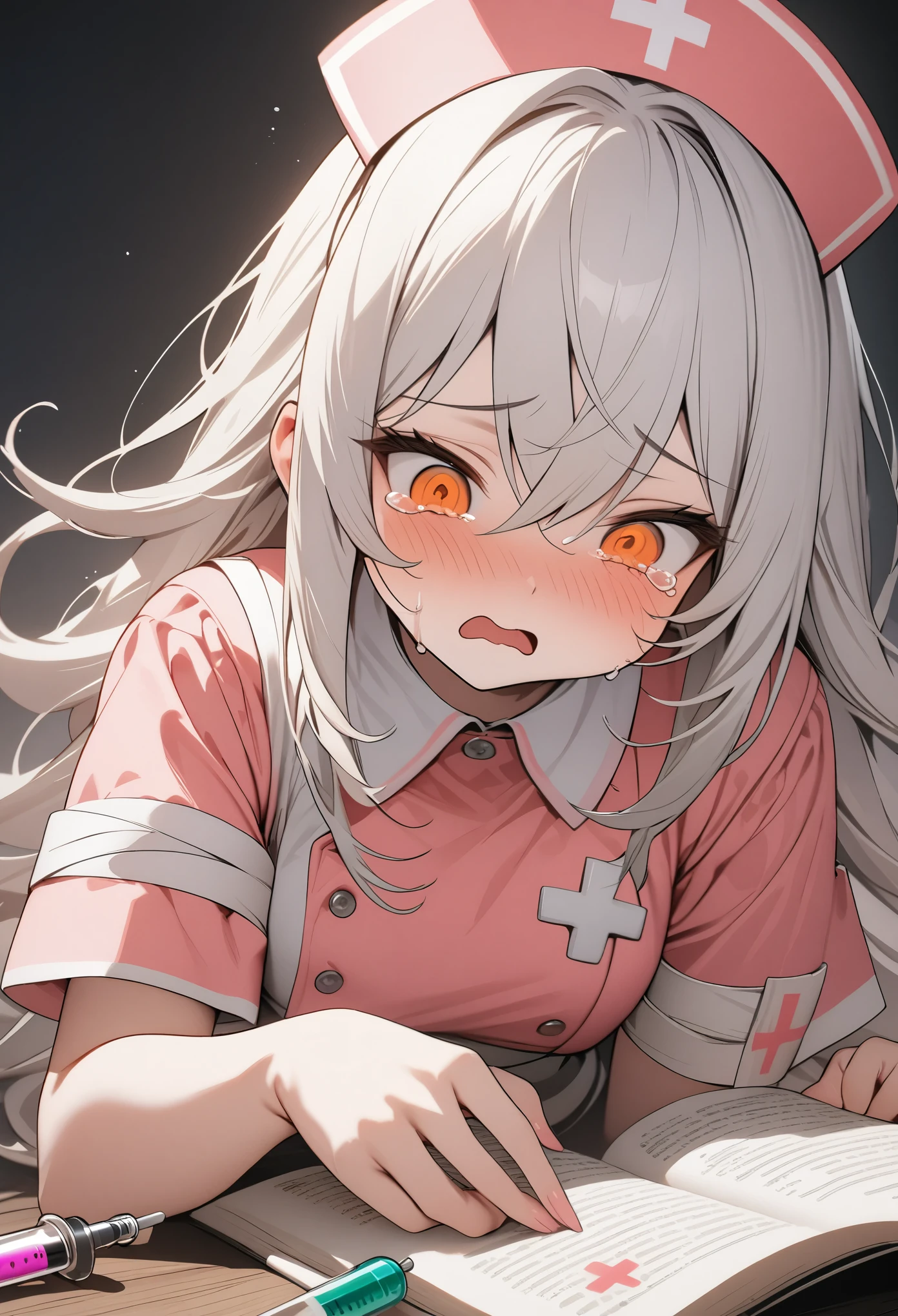 ((Masterpiece)), ((best quality)), (High Definition:1.3), (Professional Photography:1.2), 1 girl, solo, bandage, cross bandage, ((reading book)), white hair, orange eyes, round eyes, crybaby, crying face, shy, nurse cap, (nurse uniform), cross decoration, nurse, tsundere face, syringe, medicine, white, (very long bangs),