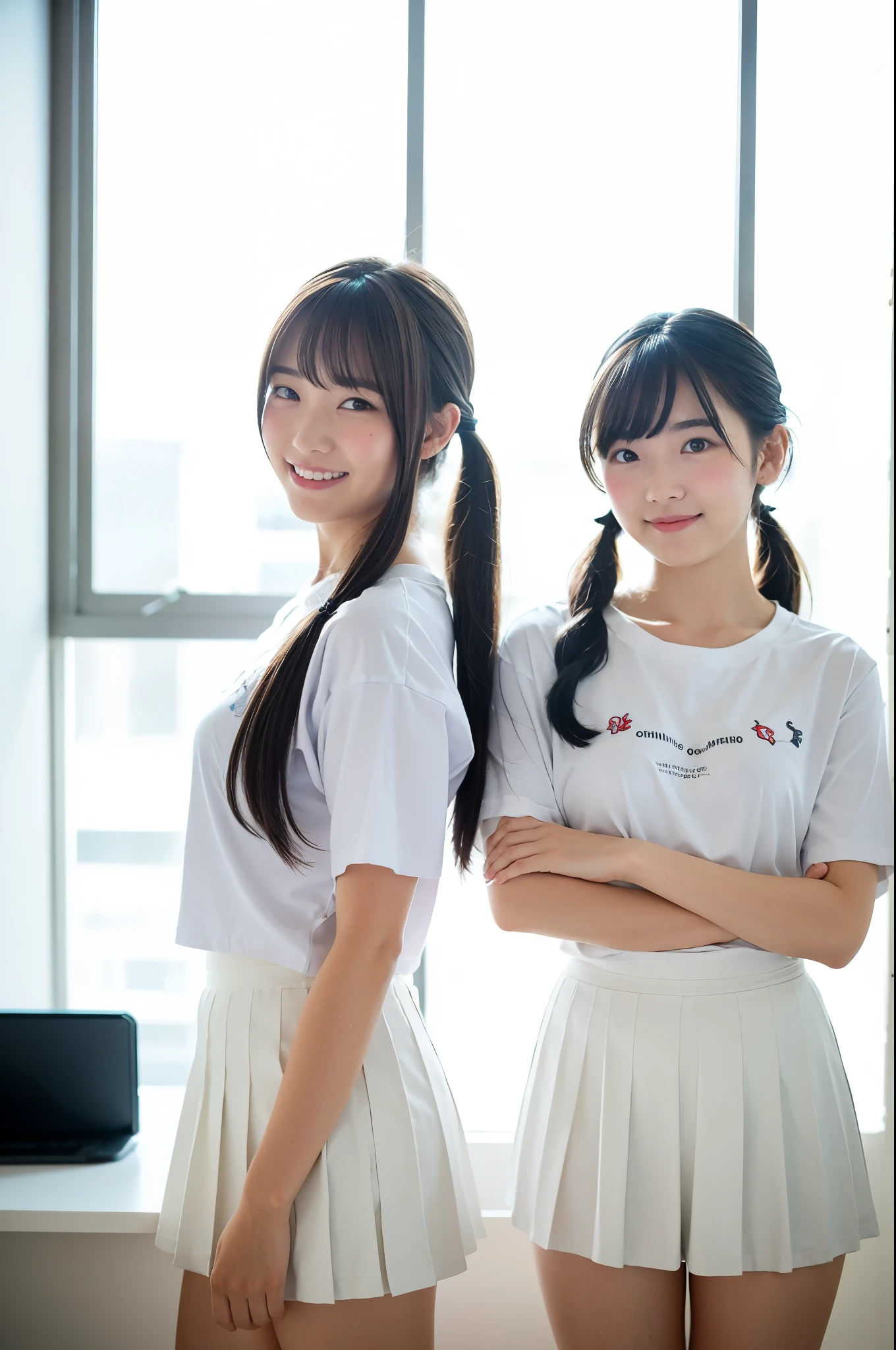 2 girls standing near window in school classroom,pure white plain t-shirt,pure white short leggings,18-year-old,bangs,a little smile,thighs,knees,short hair and low pigtails with barrette,from below,front light