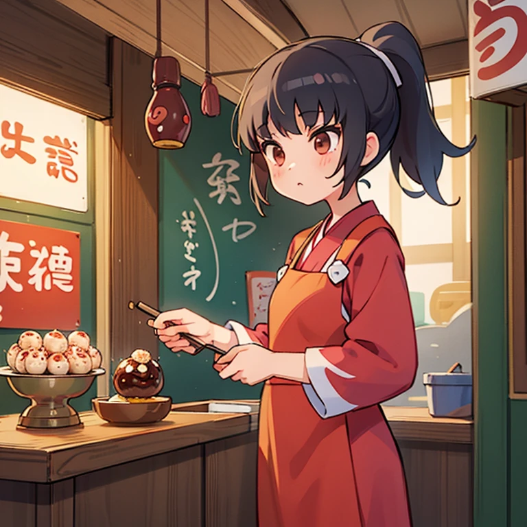 A girl grilling takoyaki at a takoyaki shop　Apron and ponytail　stall　