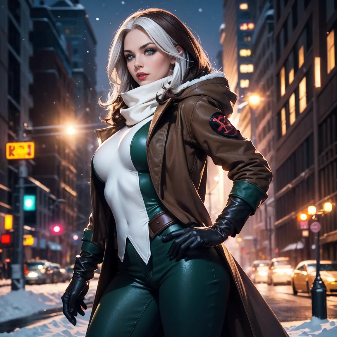 (masterpiece:1.0), (best_quality:1.2), (dark shot:1.3), Classic Rogue, 1991 Rogue X-Men, 1 girl, Only 1, head to toe view, standing on a street corner, elegant pose, (clothing: brown winter coat with a hood, down lining, white scarf, green sweater, gloves, jeans) medium length hair, brown hair, wavy hair, one lock of white hair, green eyes, mischievous look, smirk, parted lips, fit figure, medium breasts, red lipstick, heavy makeup, confident look, backlit, (realism: 1.5), (Realistic: 1.4), (Absurdity:1.4), 8k, ultra-detailed, Detailed Beautiful Woman, very physically fit girl, (background: midnight, snowing, on the streets of New York, snowy night), official art, extremely detailed CG unity 8k wallpaper, perfect lighting, Colorful, ultra high res, photography, 8K, HDR, Kodak portra 400, film grain, blurry background, (bokeh:1.2), (vibrant_color:1.2), film grain:1.2, (warm hue, warm tone:1.2), (color photo), professional photograph