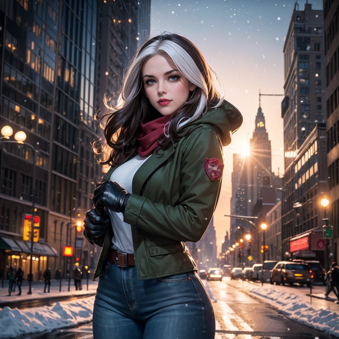 (masterpiece:1.0), (best_quality:1.2), (dark shot:1.3), Classic Rogue, 1991 Rogue X-Men, 1 girl, Only 1, head to toe view, standing on a street corner, elegant pose, (clothing: brown winter coat with a hood, down lining, white scarf, green sweater, gloves, jeans) medium length hair, brown hair, wavy hair, one lock of white hair, green eyes, mischievous look, smirk, parted lips, fit figure, medium breasts, red lipstick, heavy makeup, confident look, backlit, (realism: 1.5), (Realistic: 1.4), (Absurdity:1.4), 8k, ultra-detailed, Detailed Beautiful Woman, very physically fit girl, (background: midnight, snowing, on the streets of New York, snowy night), official art, extremely detailed CG unity 8k wallpaper, perfect lighting, Colorful, ultra high res, photography, 8K, HDR, Kodak portra 400, film grain, blurry background, (bokeh:1.2), (vibrant_color:1.2), film grain:1.2, (warm hue, warm tone:1.2), (color photo), professional photograph