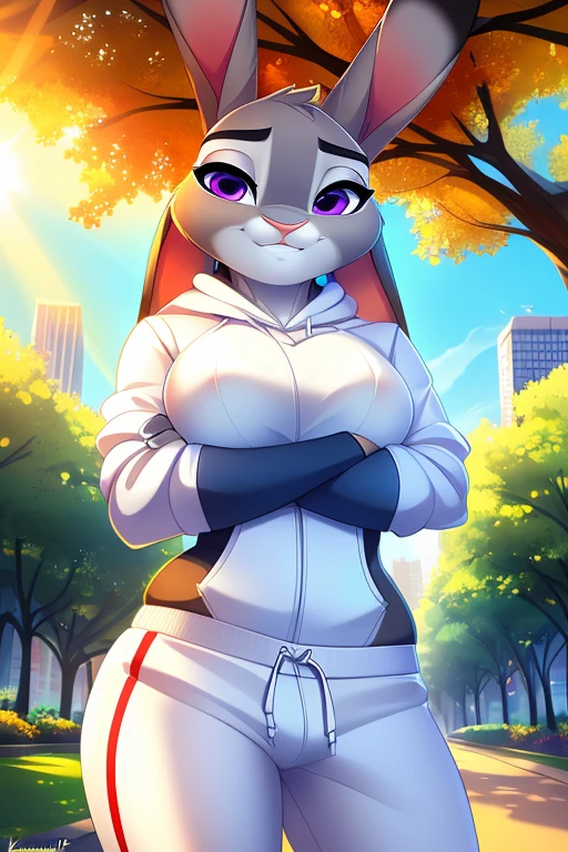 Hochgeladen auf e621, Von smileeeeeee, von whisperfoot, by Kammi-Lu, by Tsampikos, Solo-Anthro, ((portrait)), Judy Hopps, Big city skyscrapers, Central Park mit Schnee, Beautiful day, Sonniger Mittagstag, portrait of a breathtakingly beautiful furry bunny girl, Weiches, zartes, beautiful, attractive face with seductive purple eyes, Voluminous eyebrows, dicke Wimpern, (smug face:1.1), Hasenschnauze, sexy Blick auf den Betrachter, (halbgeschlossene Augen), Blick auf den Betrachter, Graues, dick geschichtetes Körperfell, Lange Hasenohren mit Schwanz, BRECHEN, medium sized breasts, (auf Schnee stehen), ((Fission overflow)), (Exposes her breasts), ((Body facing the viewer)), ((Ansicht von vorne)), ((den Betrachter anschauen)), (visible Kamelzehe), BRECHEN, Liegt in einem Park, Beautiful park with trees, Hintergrund des Stadtparks, (highest quality, Erstaunliche Details:1.4), Cel-Shading, Raytracing, Farbkorrektur, 3D-Animation, Malerische Landschaft, BRECHEN, furry breasts, ((Perfect body)), kurze Taille, ((sfw)), ((wear a white hoodie), ((wear white sweatpants)), (Kamelzehe), (enge Kleidung), BRECHEN, (Sonnenaufgang im Hintergrund), (Rays of sunshine through the leaves of the trees), (Sunlight falls on Judy Hopps), (Warme Beleuchtung), kaltes Wetter, (kalte Schneeumgebung), ((schneit)), (crossed arms:1.4)