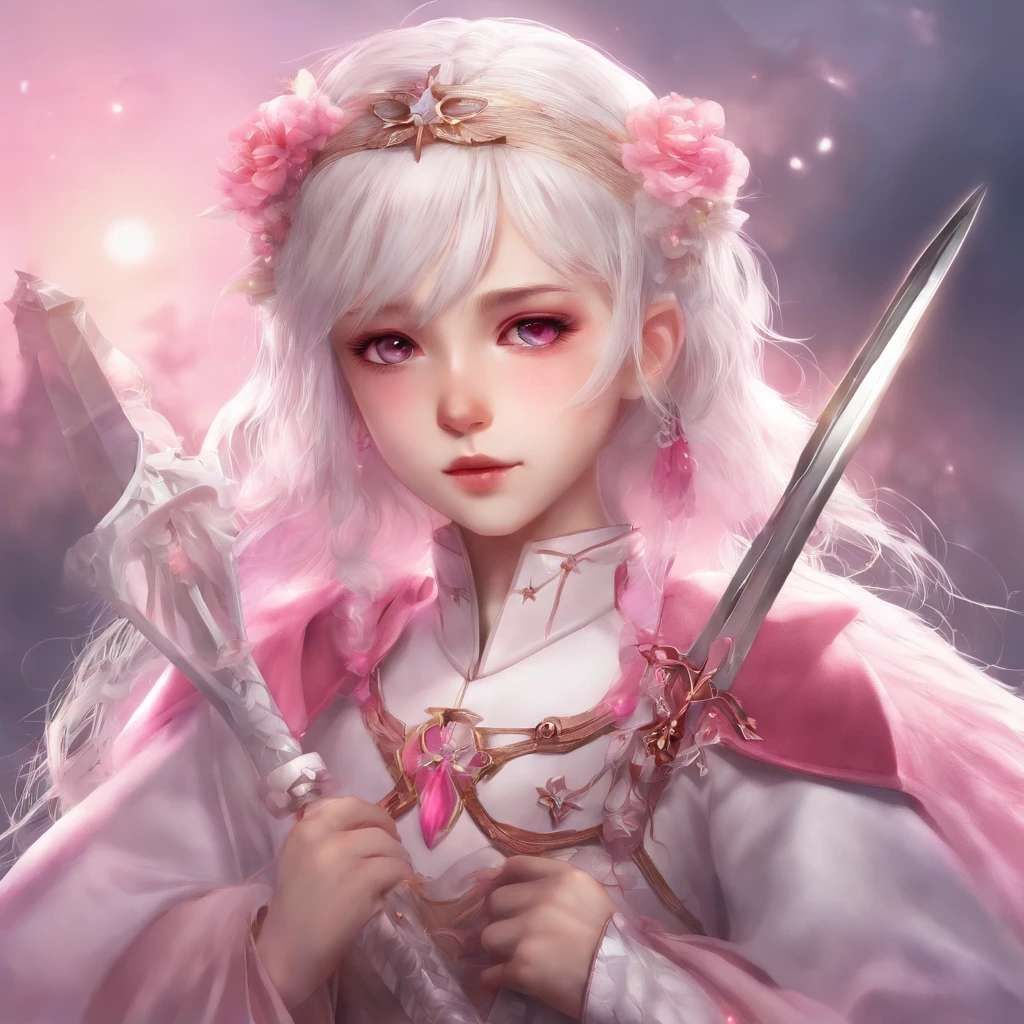 5′ 11″ height, 12 years old girl with glasses and a white hair, pink eyes, who wears pink and holds an sword in the shape of a crucifix, just her head and shoulders, with color palette, a spike headband, watercolor anime