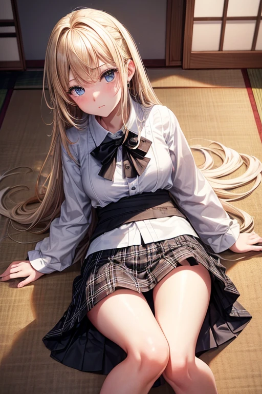 (8k, highest quality, Tabletop:1.2)、Ultra-high resolution、One 17-year-old girl, Detailed face、black eye, Blonde, Long Hair, White panties, White blouse, Black vest, Black plaid skirt, Japanese-style room, Tatami mats, futon, Lie down with your legs outstretched
