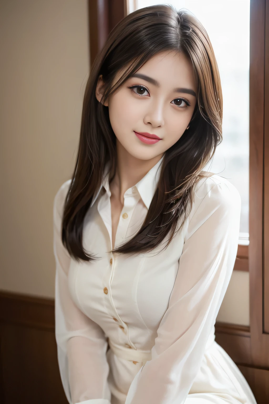(RAW Photos), (Realistic), (masterpiece), (highest quality), High resolution, 8k, (Intricate details), (Volumetric Light), Portraiture, woman, Age 25, Medium Hair, Straight hair, Layered Hair, Brown Hair, Very beautiful eyes, Source order, Very thin eyebrows, Very fine skin, Very beautiful mouth, Very nice nose, Cute like an idol,smile, (Thick lips), (Looking at the audience), (Collared dress shirt), Above the knee shot,Slender figure、