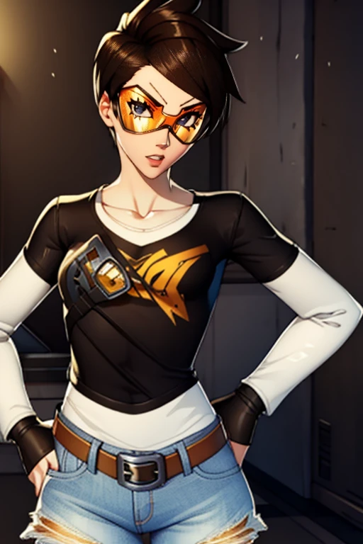 Tracer, goggles ,brown hair ,earrings, glossy lips ,1girl, solo, standing, black t-shirt, white shirt, jeans, belt, lipstick,