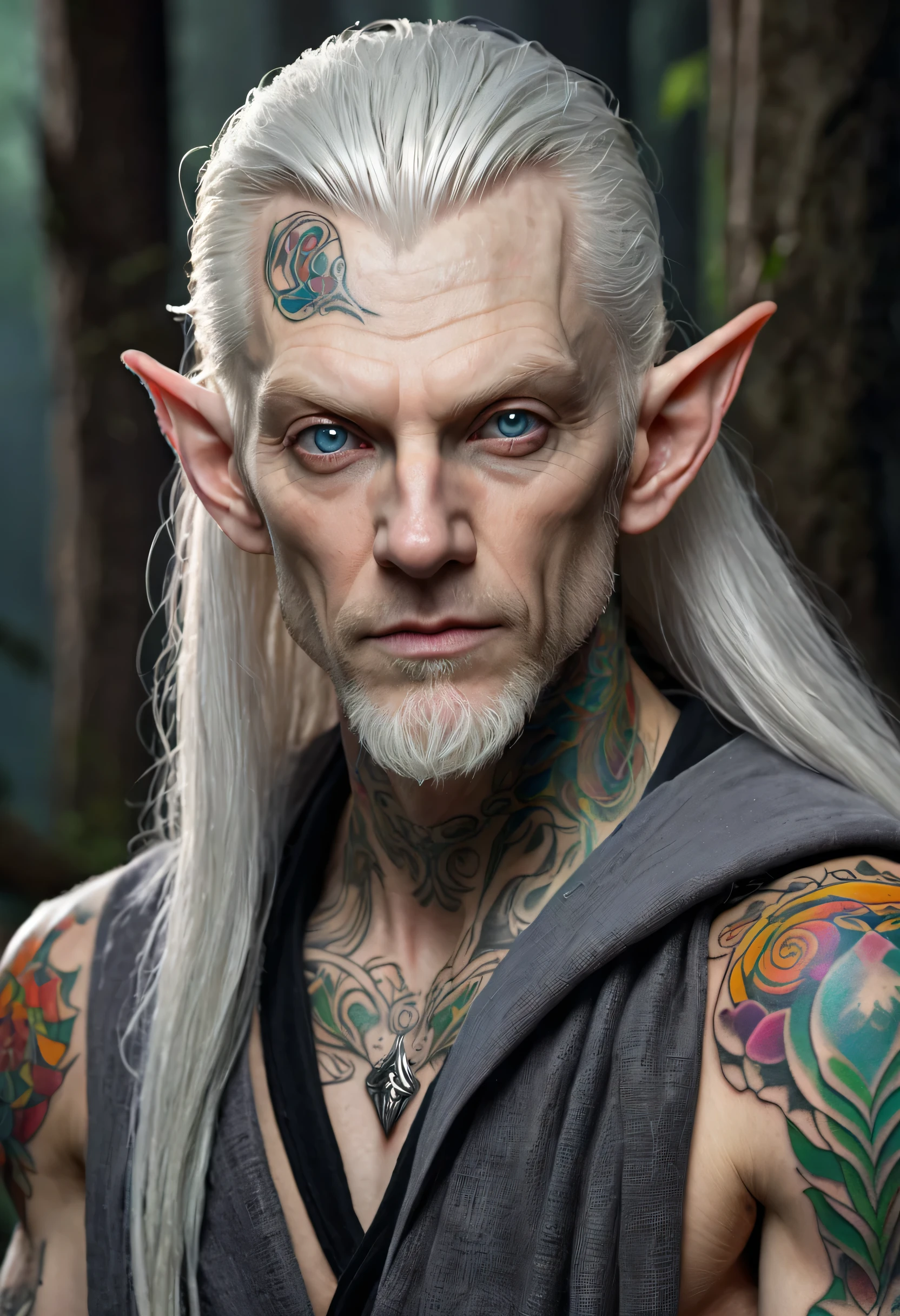 Male wood elf, elven, horror, (Artstation:1.1), (great eye detail:0.7), solo, masculine, skinny, looking at viewer, photorealistic, 8k, highly detailed, ((40 years old, ashen albino skin, gray hair, gray eyes, (upset, angry, rough black burlap robe, (((colorful tattoo:1.7)))), inspired Bram Stoker))