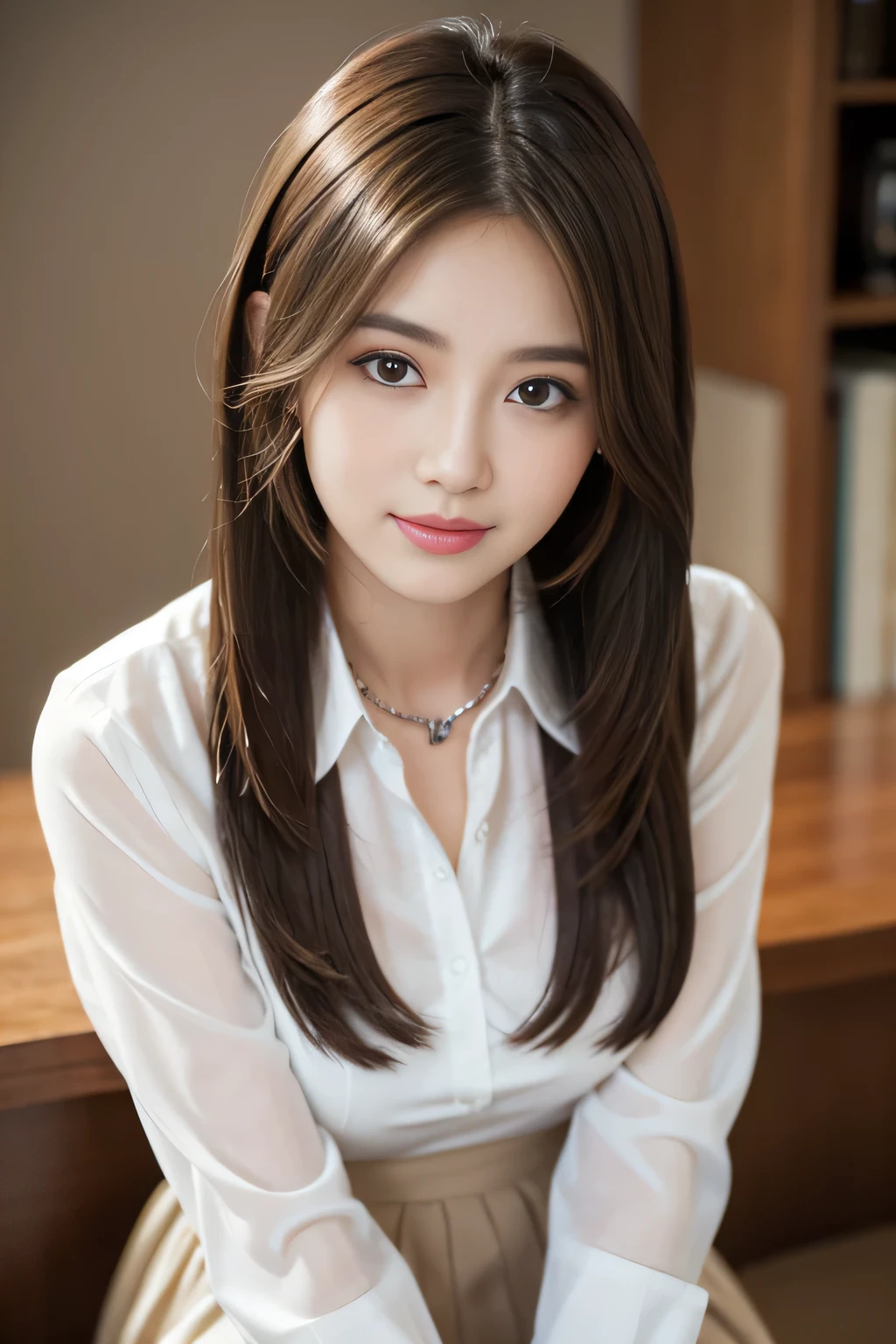 (RAW Photos), (Realistic), (masterpiece), (highest quality), High resolution, 8k, (Intricate details), (Volumetric Light), Portraiture, woman, Age 25, Medium Hair, Straight hair, Layered Hair, Brown Hair, Very beautiful eyes, Source order, Very thin eyebrows, Very fine skin, Very beautiful mouth, Very nice nose, Cute like an idol,smile, (Thick lips), (Looking at the audience), (Collared dress shirt), Above the knee shot,Slender figure、