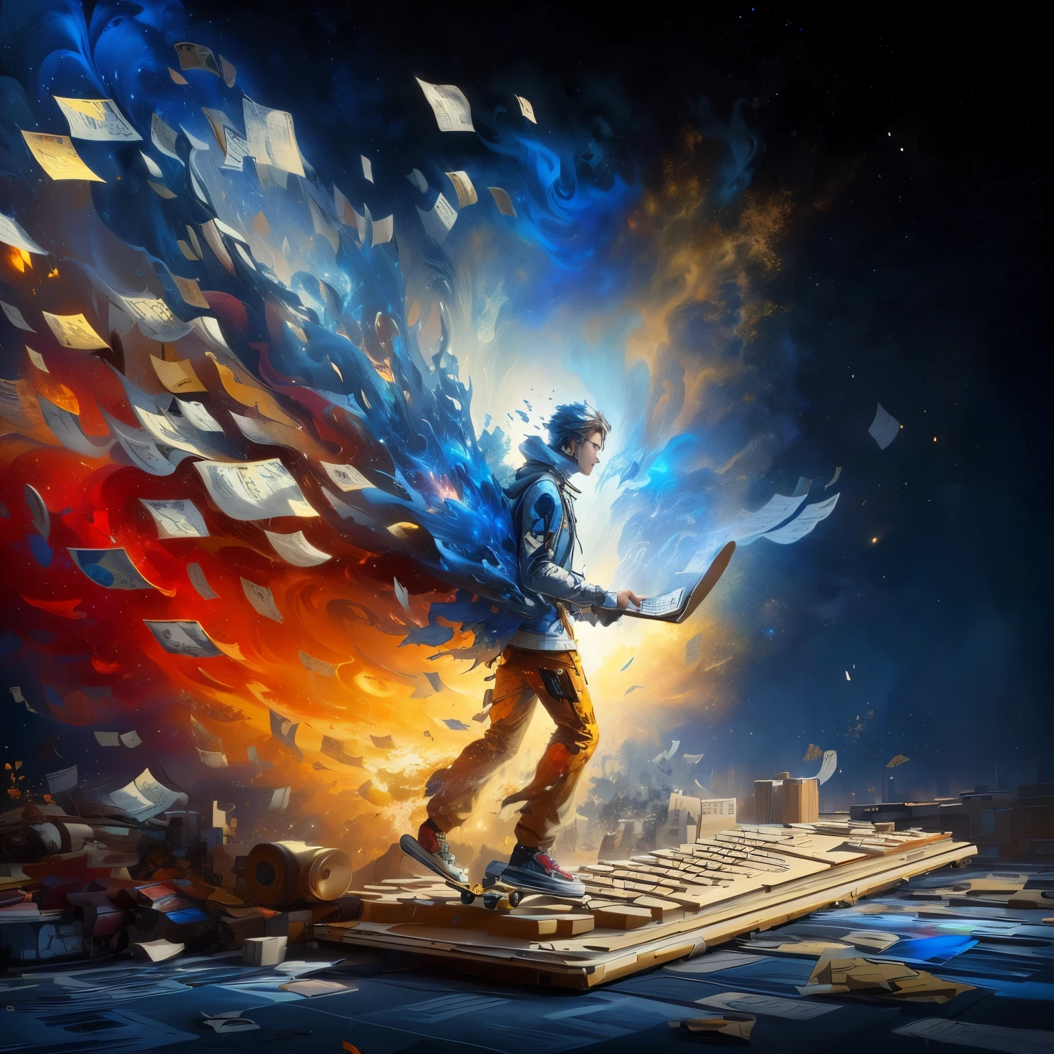 painting of a man on a skateboard with a lot of papers, explosion of data fragments, inspired by Cyril Rolando, elaborate digital art, mind-bending digital art, cyril rolando and m. w kaluta, cyril rolando and m.w kaluta, by Cyril Rolando, computer painting, abstract painting of man on fire, sergey kolesov