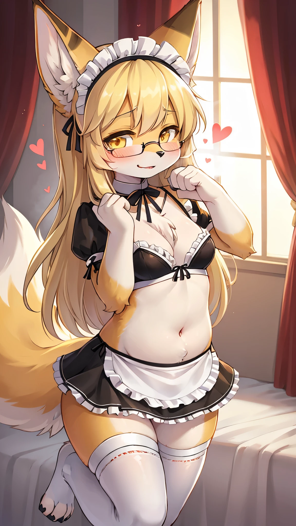 best quality,best resolution,(fluffy anthro furry :1.6),(young :1.6),fox girl,small breasts,light yellow hair,long hair.wavy hair,yellow eyes,light yellow fur,glasses,maid headdress,maid gloves,(white stockings),(black bikini with ruffles),(black ruffles mini skirt),black pantie,(mini maid apron),luxury bedroom,romantic light,looking at viewer,full face blush,passionatrf face,heart eyes,close eyes,heart expression eyes,stand,close eyes,heavy breath,bare belly,sexy pose,