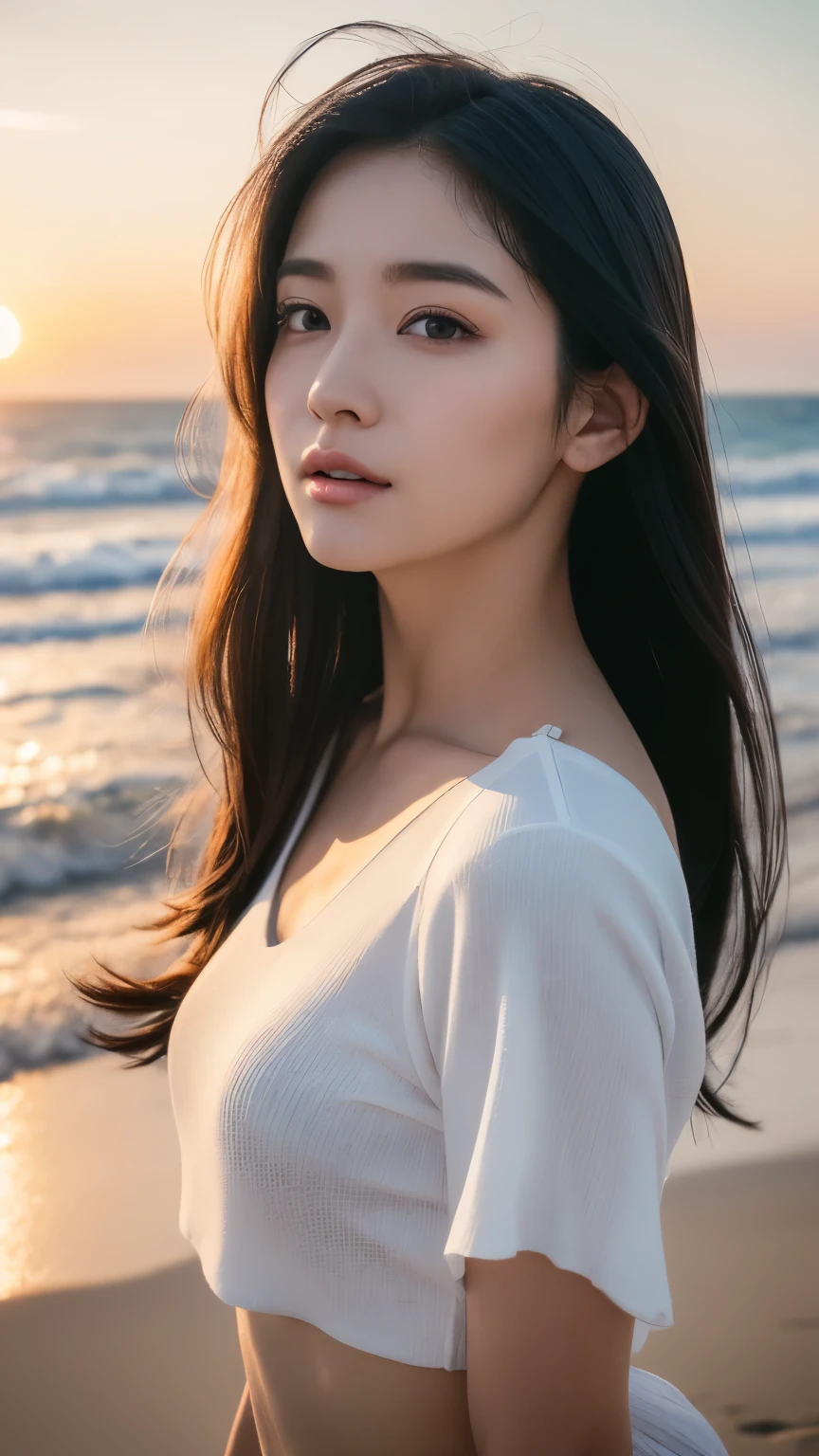 A woman standing on a beach next to the ocean - SeaArt AI