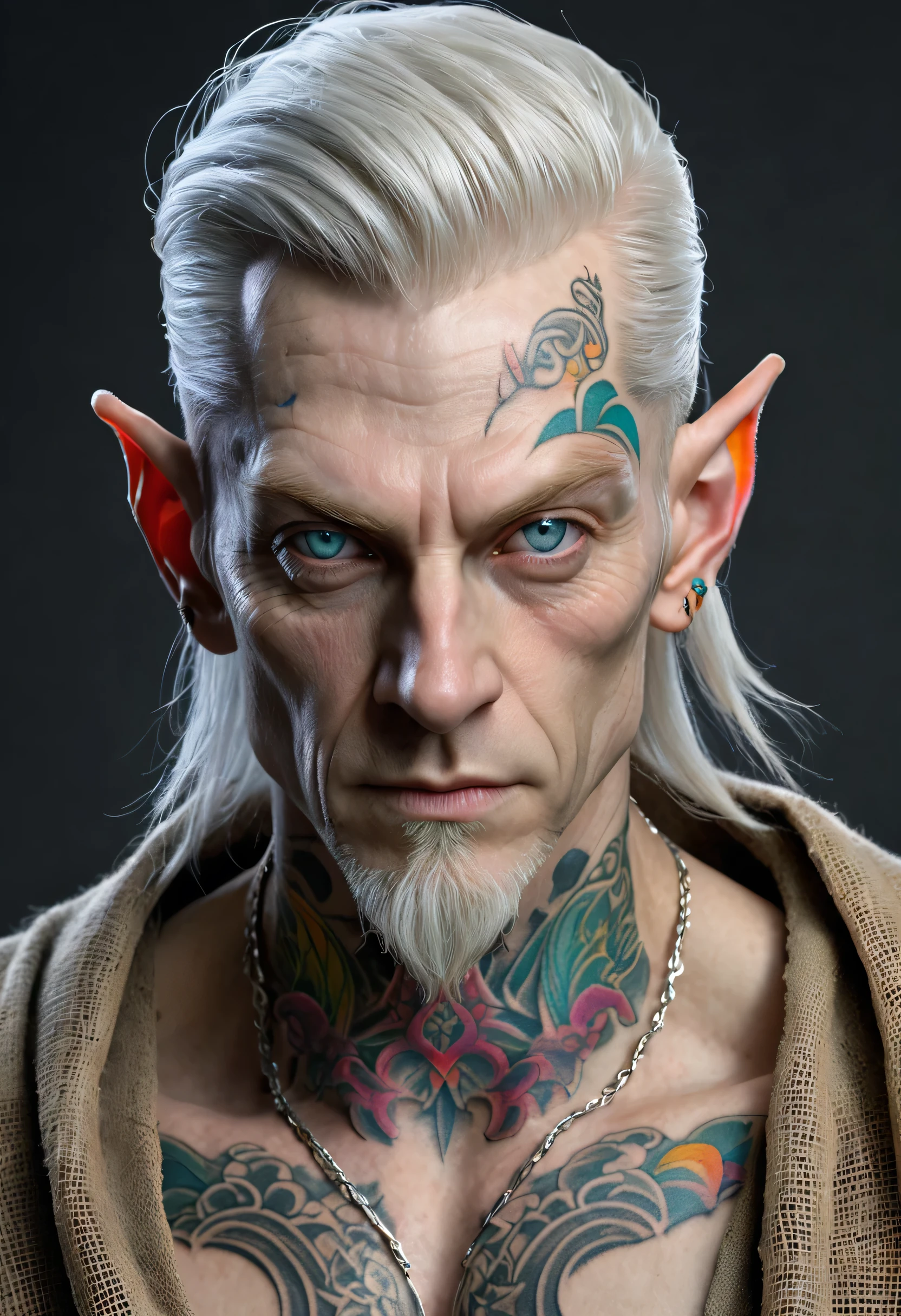 Male wood elf, elven, horror, (Artstation:1.1), (great eye detail:0.7), solo, masculine, skinny, looking at viewer, photorealistic, 8k, highly detailed, ((40 years old, ashen albino skin, gray hair, gray eyes, (upset, angry, rough black burlap robe, (((colorful tattoo:1.7)))), inspired Bram Stoker))