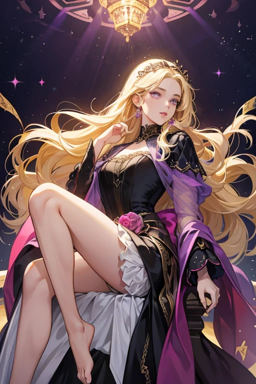 Aurora is a beautiful young woman, who was magically blessed with waist-length, wavy, golden hair like sunshine, violet eyes, and lips that shame the red rose. She has a tall, slender figure and her skin is fair and flawless. she wears a black bodice over a gray long-sleeved calf-length frock with a white petticoat and goes barefoot. She wears a black headband and carries a purple shawl when going out. SPARKLE; GLITTER