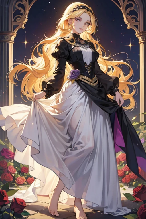 Aurora is a beautiful young woman, who was magically blessed with waist-length, wavy, golden hair like sunshine, violet eyes, and lips that shame the red rose. She has a tall, slender figure and her skin is fair and flawless. she wears a black bodice over a gray long-sleeved calf-length frock with a white petticoat and goes barefoot. She wears a black headband and carries a purple shawl when going out. SPARKLE; GLITTER