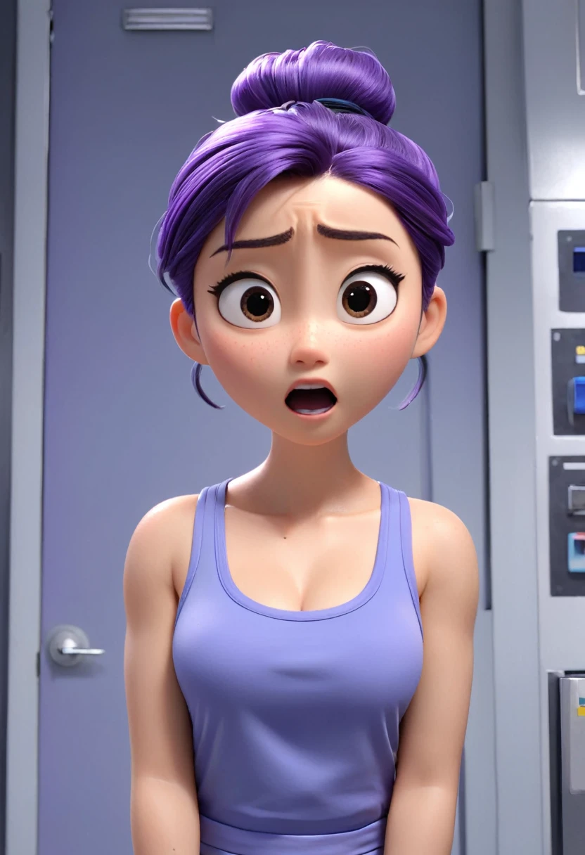 Une Japonaise de 14 ans, cheveux violet chignon en hauteur, collier bleu, Grey tank top, short bleu, terrified, stuck to an iron wall arms spread with powerful black glue in a faulty laboratory trying to break free, style 3d pixar, (best quality, 4k, 8k, High resolution, chef-d'artwork:1.2), Ultra-detailed, (Realistic, photoRealistic, photo-Realistic:1.37), portraits, Des couleurs vives, studio lighting