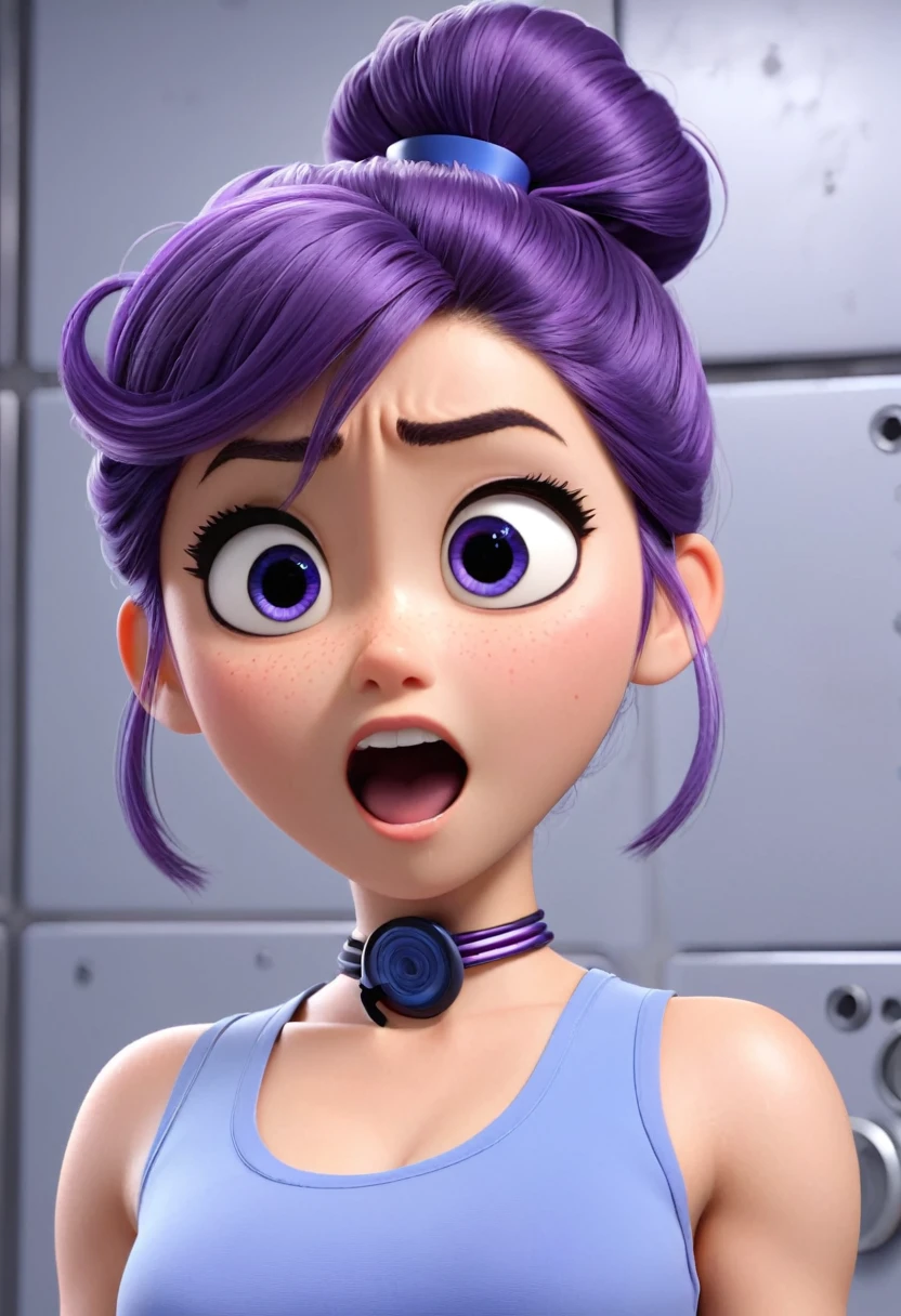 Une Japonaise de , cheveux violet chignon en hauteur, collier bleu, Grey tank top, short bleu, terrified, stuck to an iron wall arms spread with powerful black glue in a faulty laboratory trying to break free, style 3d pixar, (best quality, 4k, 8k, High resolution, chef-d&#39;artwork:1.2), Ultra-detailed, (Realistic, photoRealistic, photo-Realistic:1.37), portraits, Des couleurs vives, studio lighting