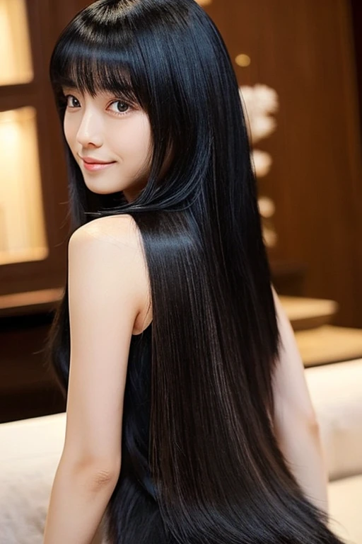 Black hair with blunt bangs、Long straight hair down to the middle of the back、A cat with a slightly childish face, small and slender, but muscular build.