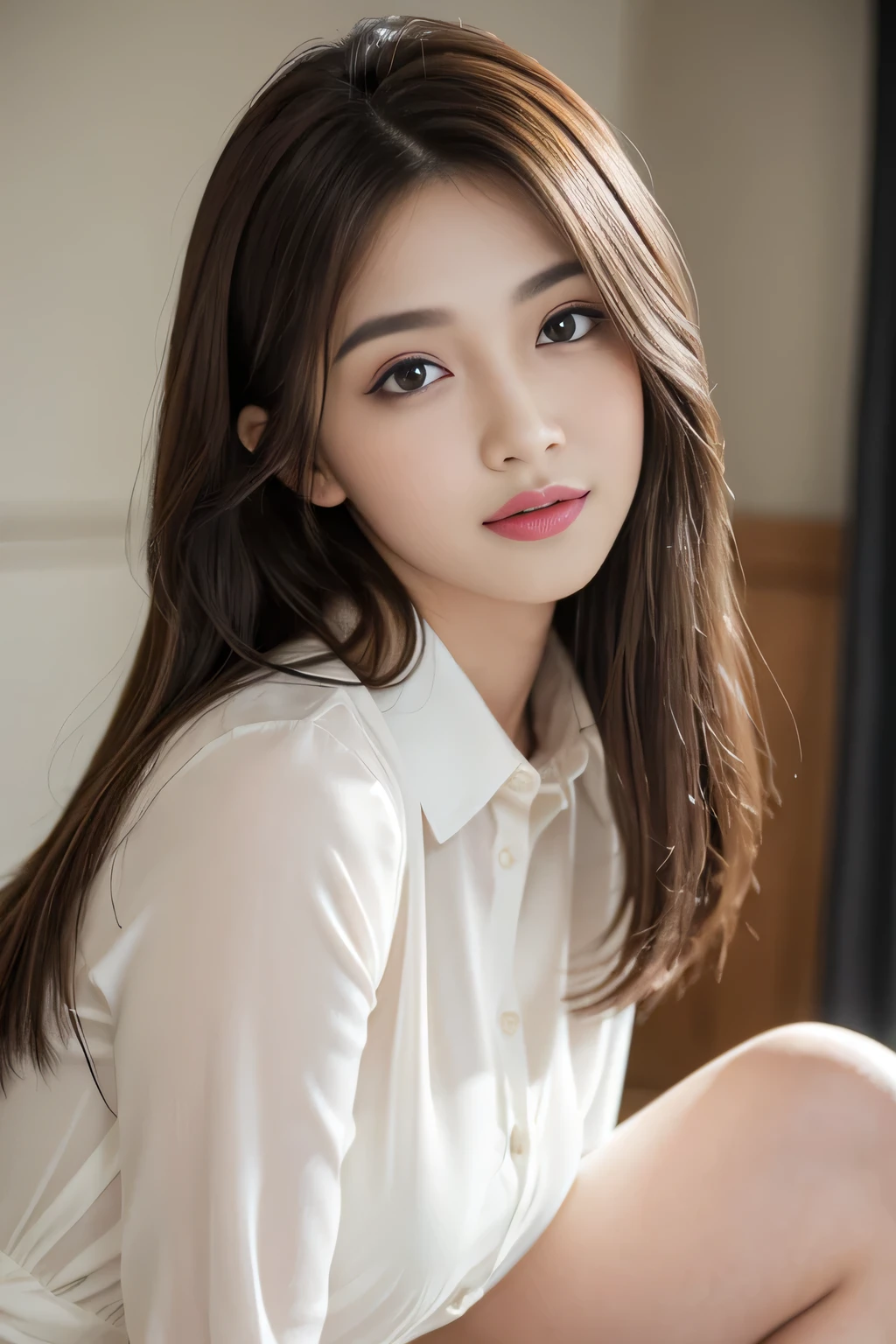 (RAW Photos), (Realistic), (masterpiece), (highest quality), High resolution, 8k, (Intricate details), (Volumetric Light), Portraiture, woman, Age 25, Medium Hair, Straight hair, Layered Hair, Brown Hair, Very beautiful eyes, Source order, Very thin eyebrows, Very fine skin, Very beautiful mouth, Very nice nose, Cute like an idol,smile, (Thick lips), (Looking at the audience), (Collared dress shirt), Above the knee shot,Slender figure、