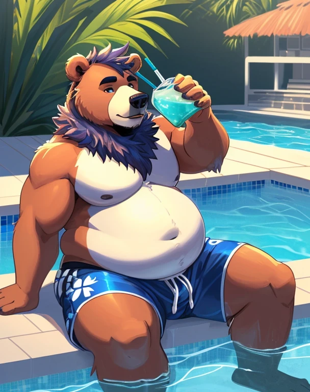 ((He has a bear head,He is sitting on the edge of the pool drinking a Hawaiian drink..Only plump, chubby, extremely thick thighs, large belly, wearing only swim trunks Verde e cinza ou azul ou branco e vermelha ))) caminhoneiro. he doesn&#39;t wear clothes, Only plump, chubby, extremely thick thighs, large belly, wearing only swim trunks, hold your hand in your swim trunks. . Bastante pelos no corpo. Elegant garden setting. Pouco volume na virilha. He is making a selfie with his cell phone, (((urso velho))) , he is working inside a cafeteria preparing hamburgers, serving burger to customer. He is holding a plate with a burger and fries in his hands. He wears glasses.elevesta lying on an inflatable animal in the pool, por Hyaku ,por darkgem, por glitter trap boy, ponto de vista frontal, lines of emphasis,stare front, retrato de alta qualidade