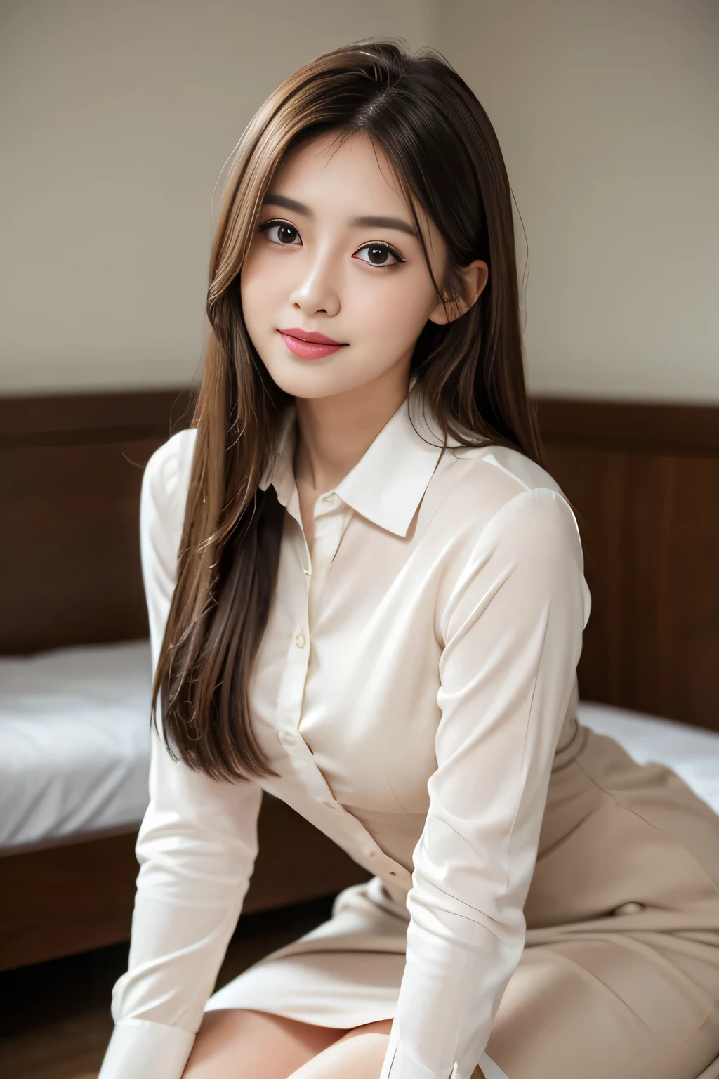 (RAW Photos), (Realistic), (masterpiece), (highest quality), High resolution, 8k, (Intricate details), (Volumetric Light), Portraiture, woman, Age 25, Medium Hair, Straight hair, Layered Hair, Brown Hair, Very beautiful eyes, Source order, Very thin eyebrows, Very fine skin, Very beautiful mouth, Very nice nose, Cute like an idol,smile, (Thick lips), (Looking at the audience), (Collared dress shirt), Above the knee shot,Slender figure、