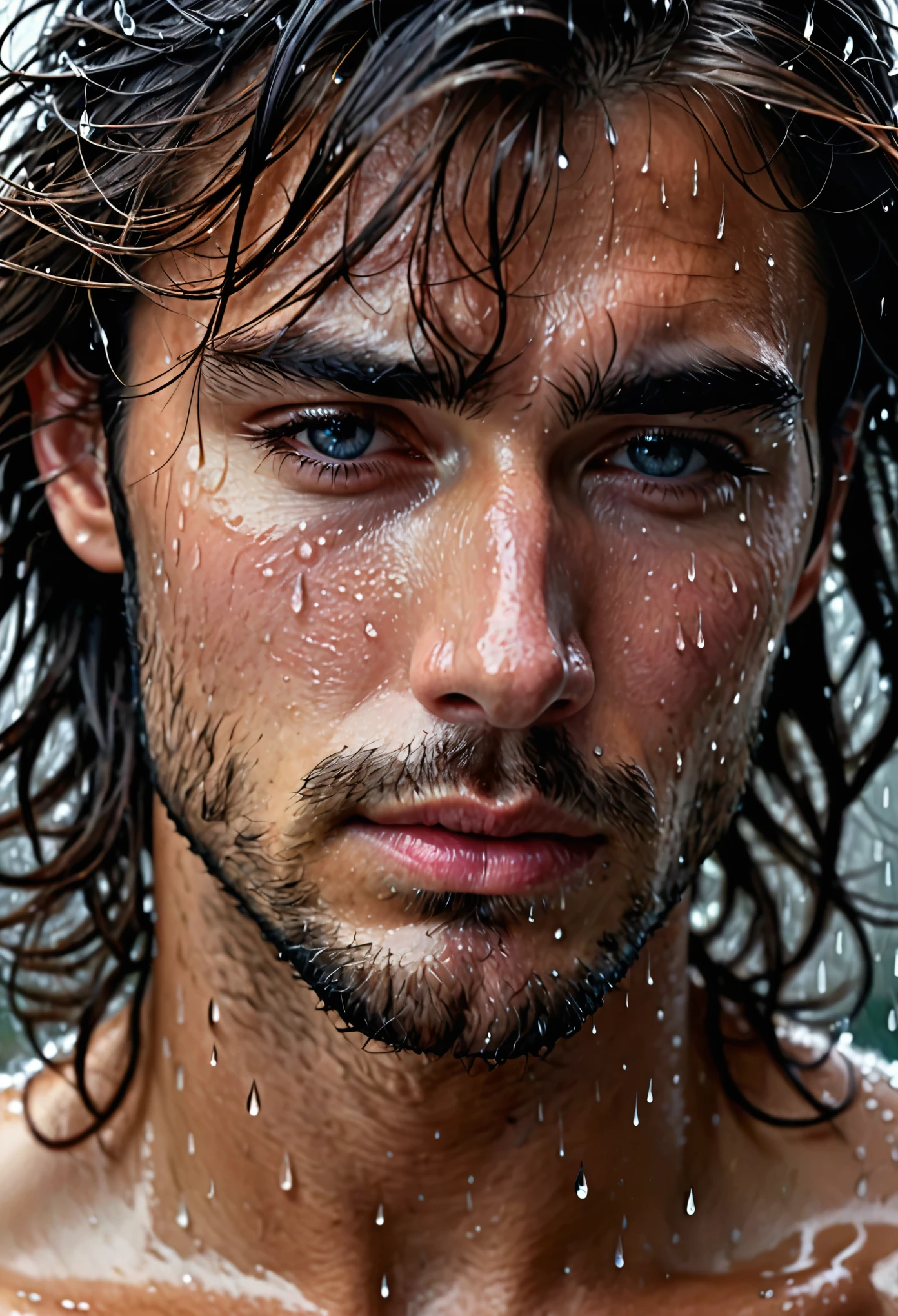 (best quality,4k,highres:1.2),ultra-detailed,(realistic:1.37) Close up of a very beautiful man's face, wind blowing through his long lustrous hair, he is crying. Medium: Portraits Additional details: Raindrops falling gently on his face, sadness in his expressive eyes, intense emotion captured in his facial features, the tears glistening on his cheeks, a soft expression of longing, a subtle smile amidst the tears. Image quality: Crystal clear details, every strand of hair visible, vibrant colors, sharp focus, realistic depiction of tears. Artistic style: Realism, capturing the raw beauty of the moment. Color tone: Cool and muted tones, emphasizing the melancholic atmosphere. Lighting: Soft, natural lighting casting shadows on his face, highlighting the contours and adding depth to the image.